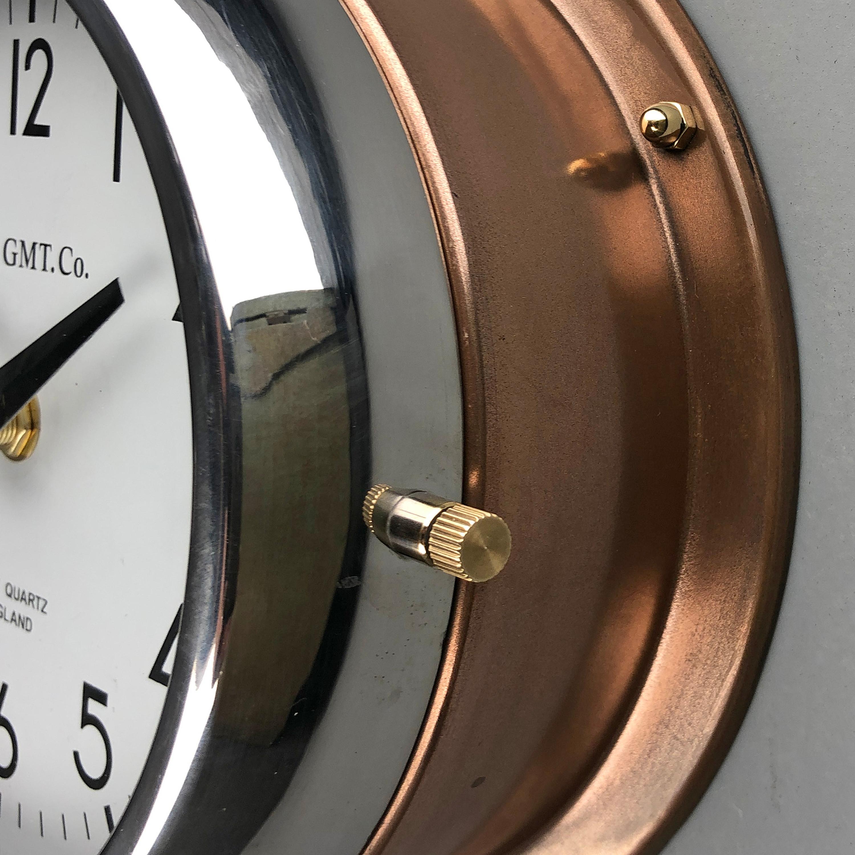 1970s British Bronze and Chrome AC GMT Co. Industrial Wall Clock White Dial In Excellent Condition In Leicester, Leicestershire