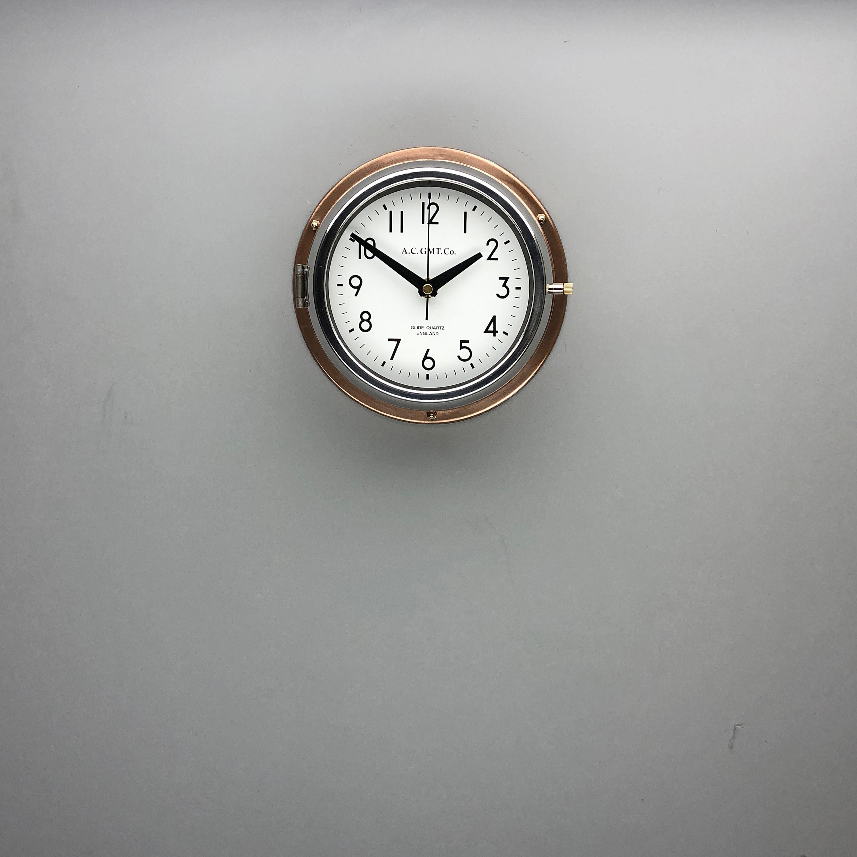 1970s British Bronze and Chrome AC GMT Co. Industrial Wall Clock White Dial 2
