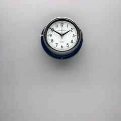 1970s British Classic Blue & Chrome Ac Gmt Co. Industrial Wall Clock White Dial