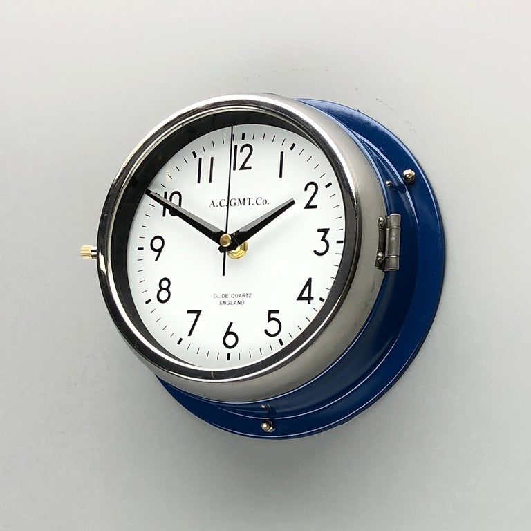 English 1970s British Classic Blue & Chrome Ac Gmt Co. Industrial Wall Clock White Dial For Sale