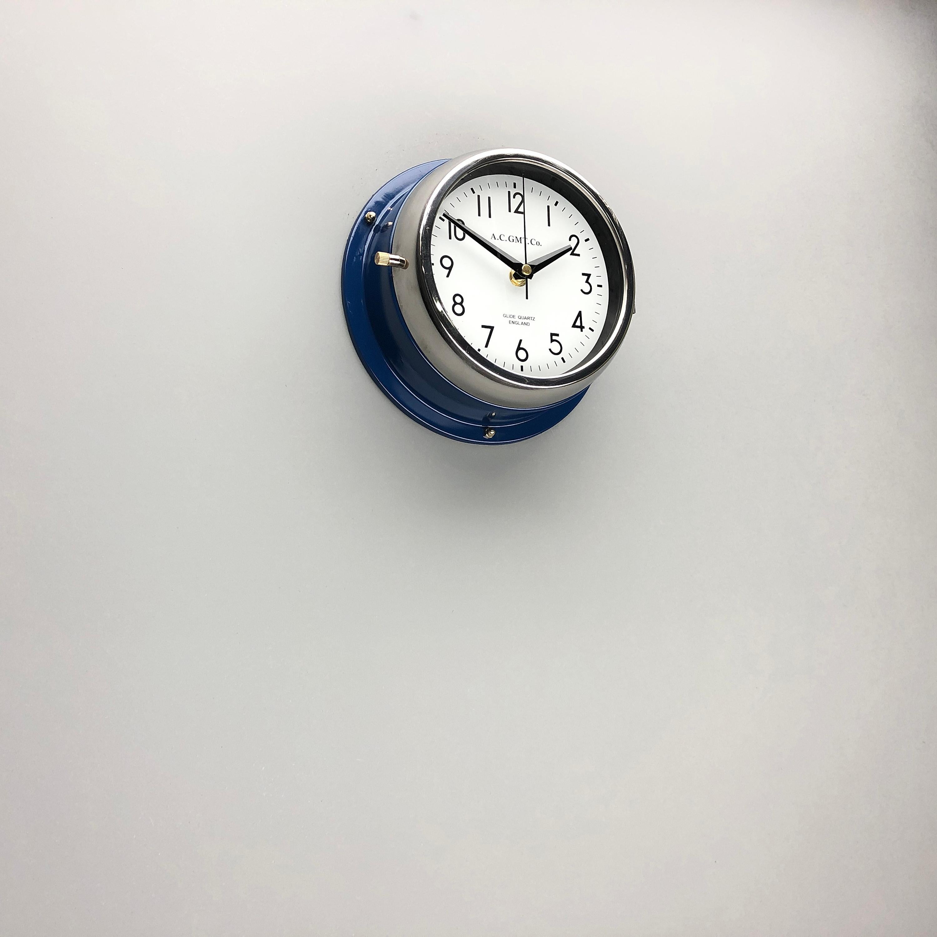 Glazed 1970s British Classic Blue & Chrome Ac Gmt Co. Industrial Wall Clock White Dial For Sale