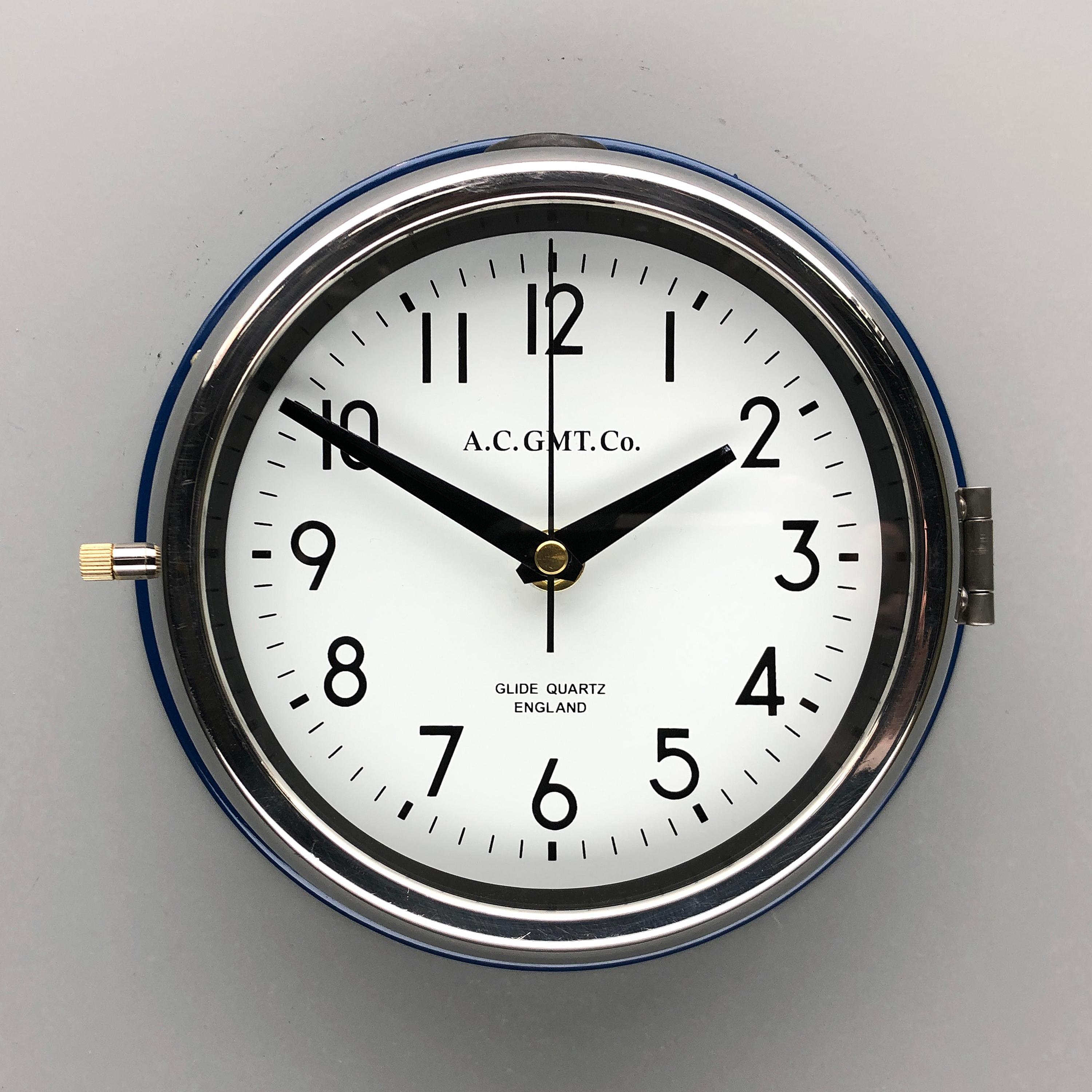 1970s British Classic Blue & Chrome Ac Gmt Co. Industrial Wall Clock White Dial In Excellent Condition For Sale In Leicester, Leicestershire