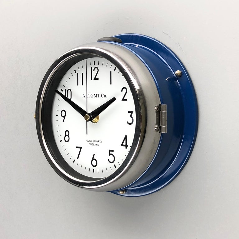1970s British Classic Blue & Chrome Ac Gmt Co. Industrial Wall Clock White Dial For Sale 2