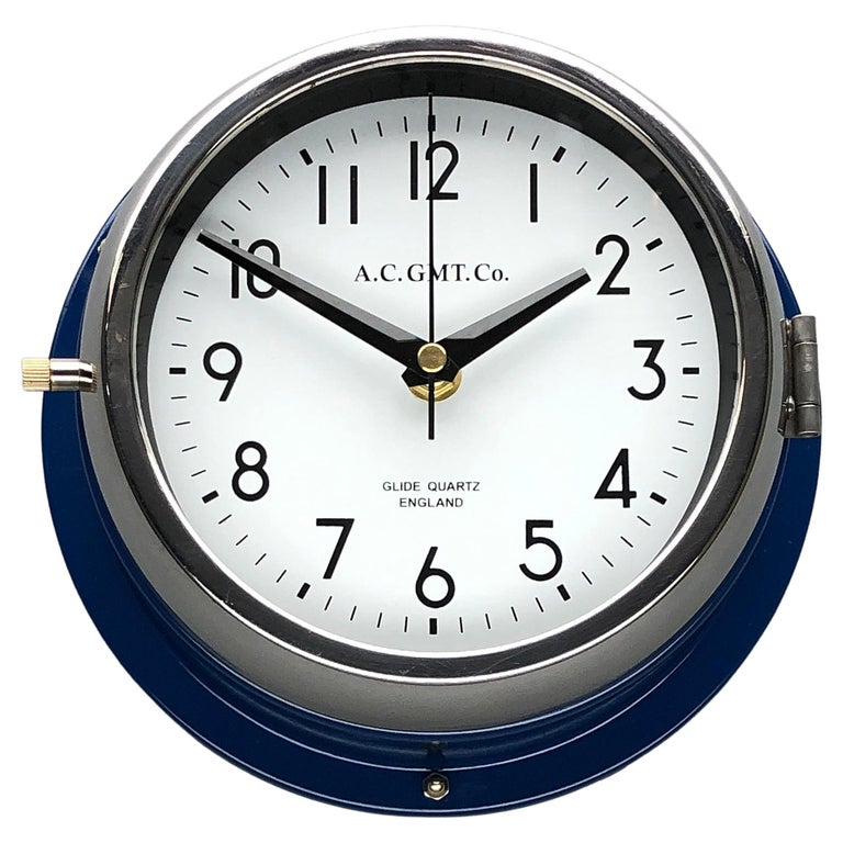 1970s British Classic Blue & Chrome Ac Gmt Co. Industrial Wall Clock White Dial For Sale