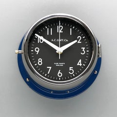 1970s British Classic Blue & Chrome AC.GMT.Co. Industrial Wall Clock Black Dial