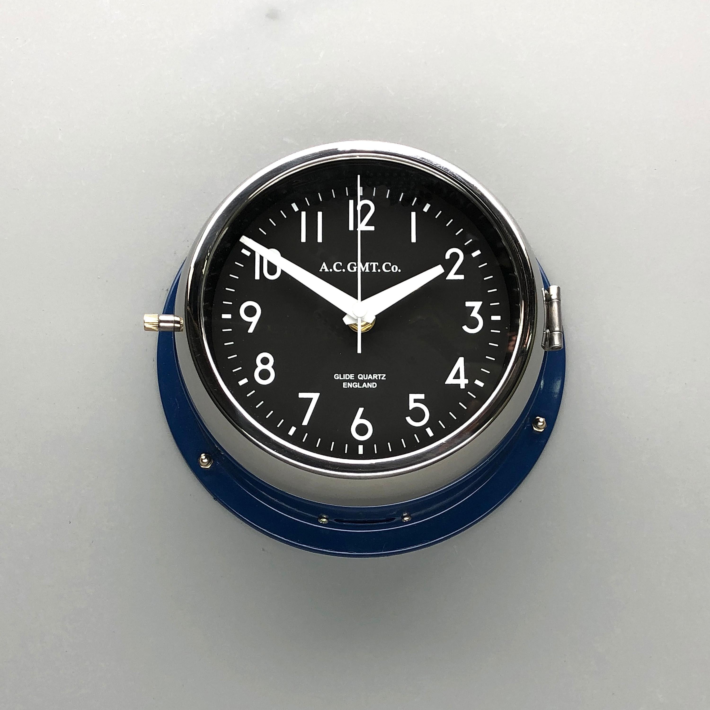 English 1970s British Classic Blue & Chrome AC.GMT.Co. Industrial Wall Clock Black Dial