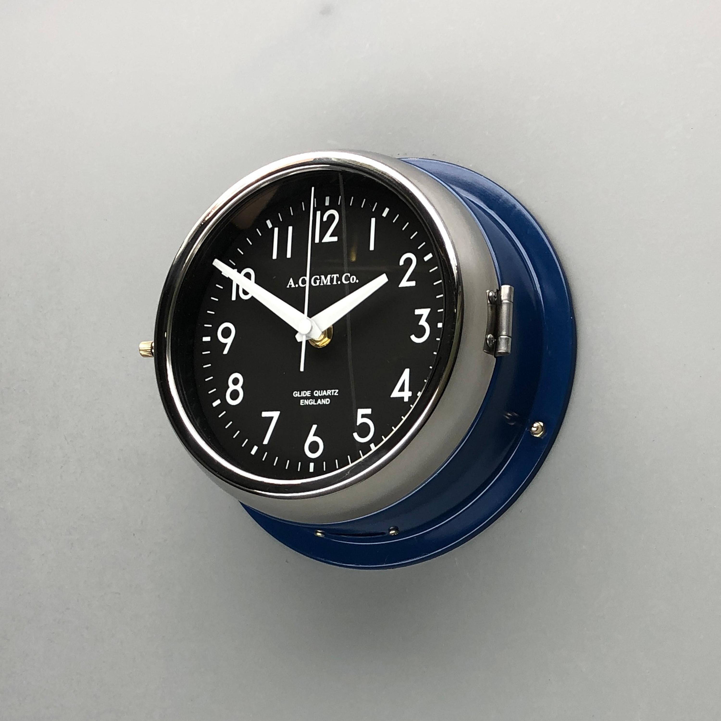 English 1970s British Classic Blue & Chrome AC.GMT.Co. Industrial Wall Clock Black Dial For Sale
