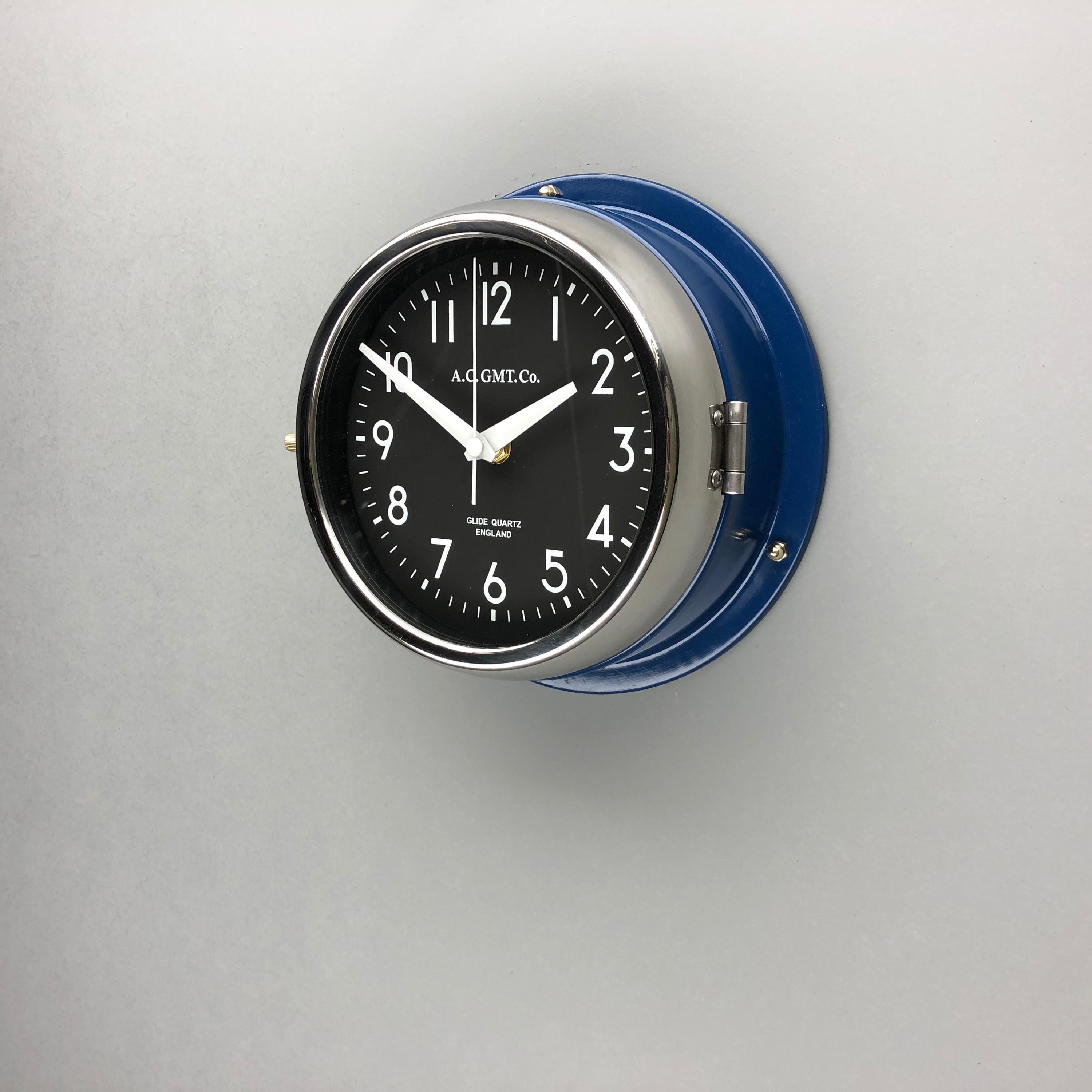 Machine-Made 1970s British Classic Blue & Chrome AC.GMT.Co. Industrial Wall Clock Black Dial