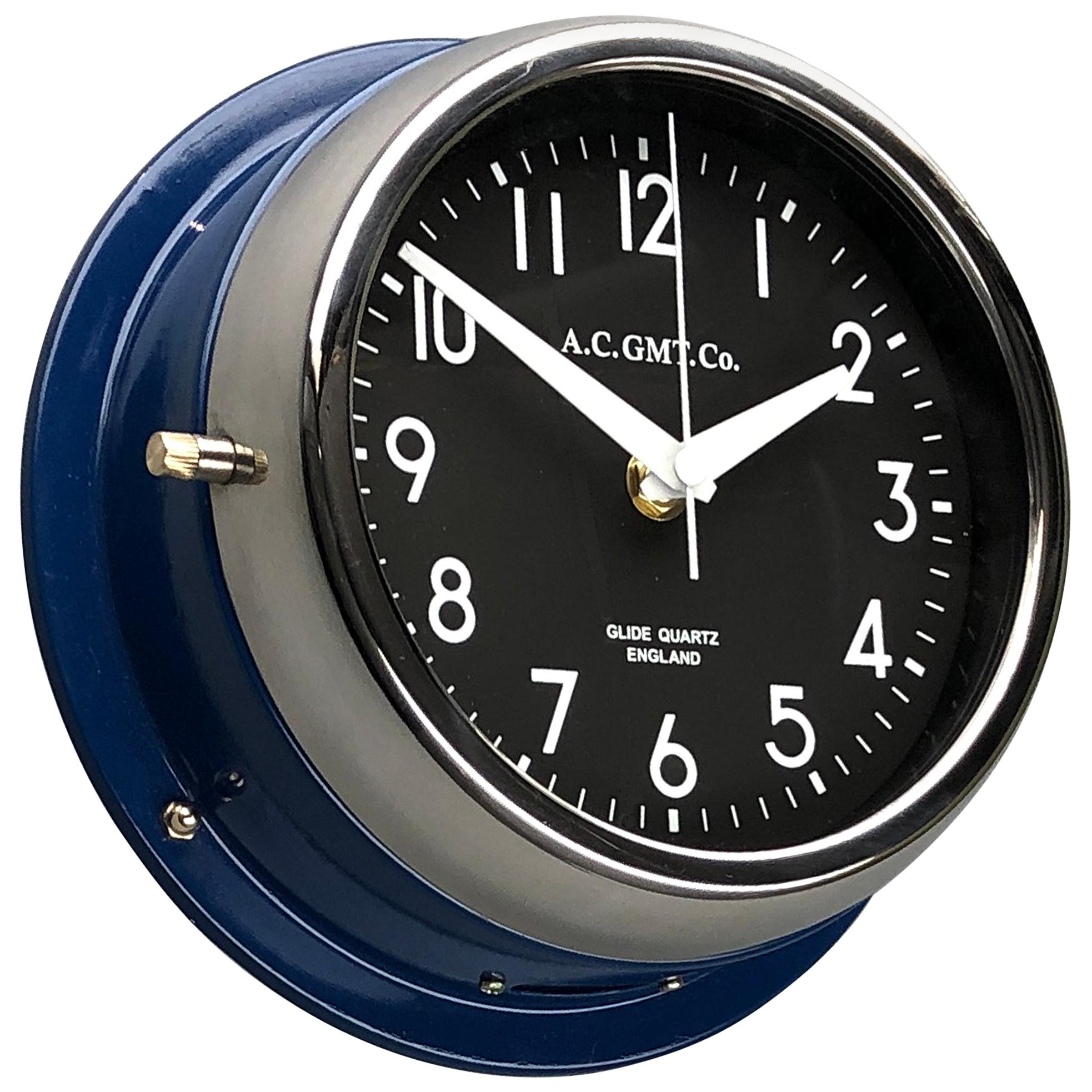 1970s British Classic Blue & Chrome AC.GMT.Co. Industrial Wall Clock Black Dial