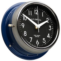 Used 1970s British Classic Blue & Chrome AC.GMT.Co. Industrial Wall Clock Black Dial