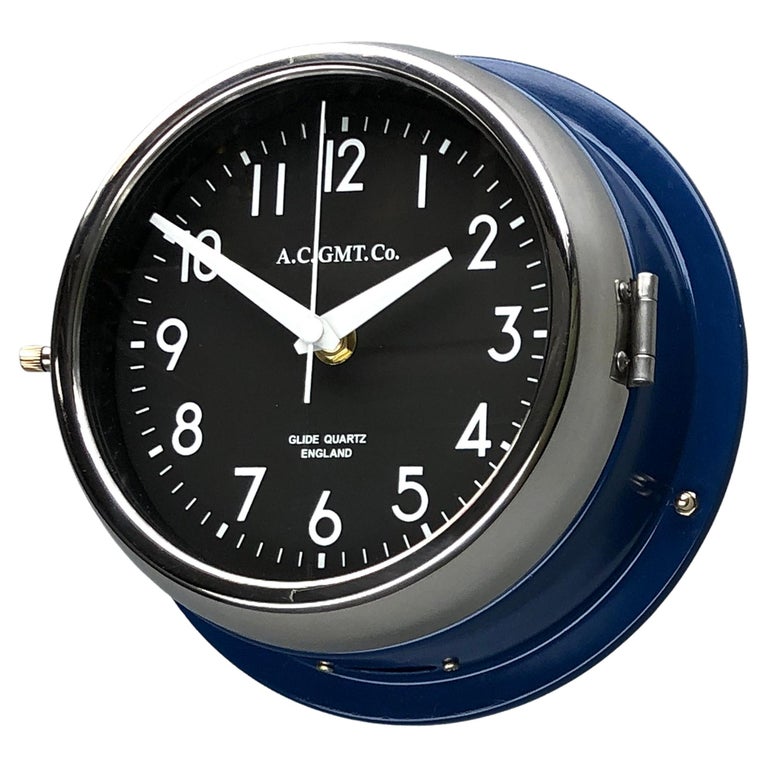1970s British Classic Blue & Chrome AC.GMT.Co. Industrial Wall Clock Black Dial For Sale