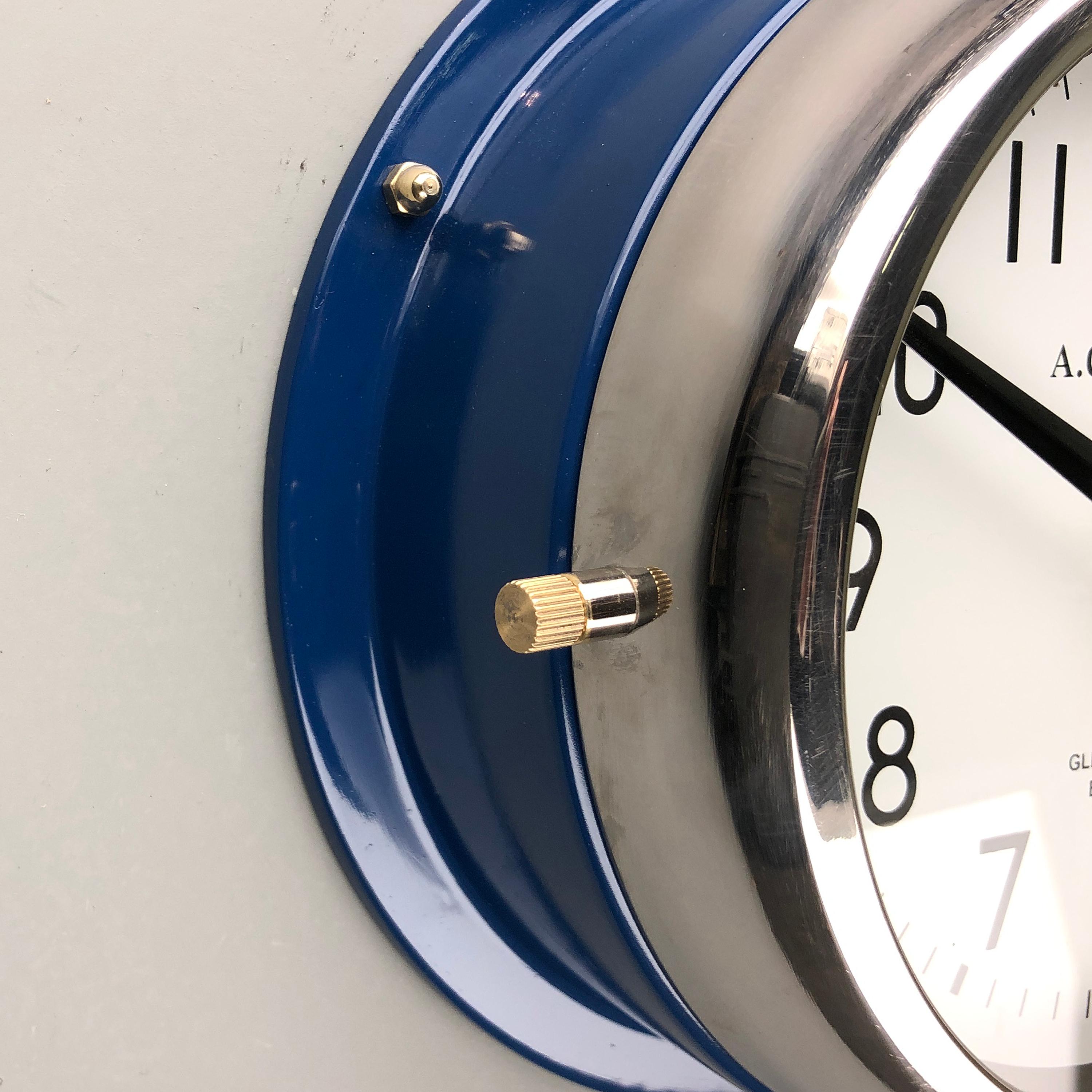 1970s British Classic Blue & Chrome AC GMT Co. Industrial Wall Clock White Dial 3