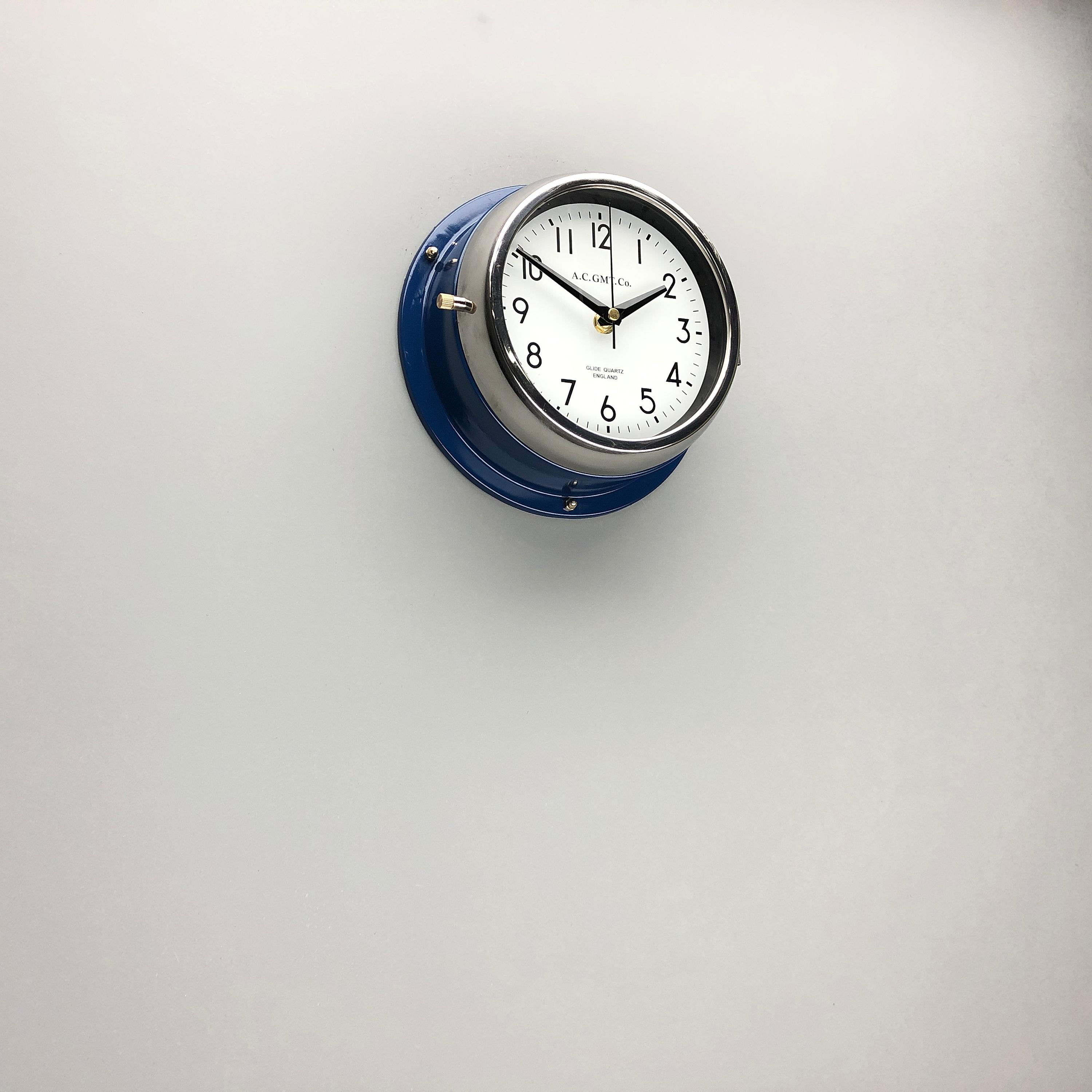 Late 20th Century 1970s British Classic Blue & Chrome AC GMT Co. Industrial Wall Clock White Dial