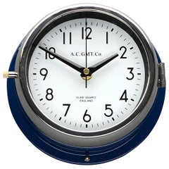 Used 1970s British Classic Blue & Chrome AC GMT Co. Industrial Wall Clock White Dial