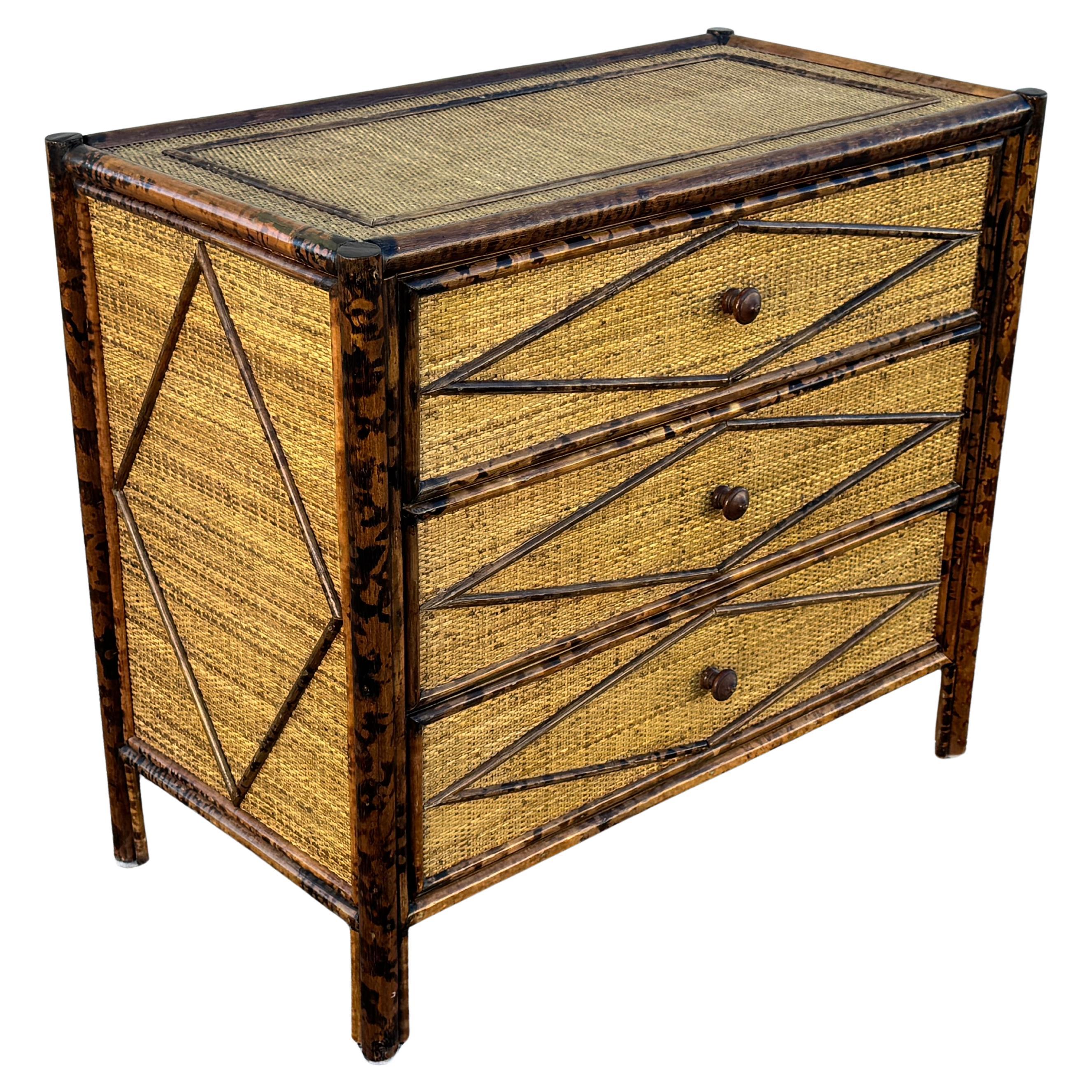 1970s British Colonial Style Burnt Bamboo & Grasscloth Chest of Drawers