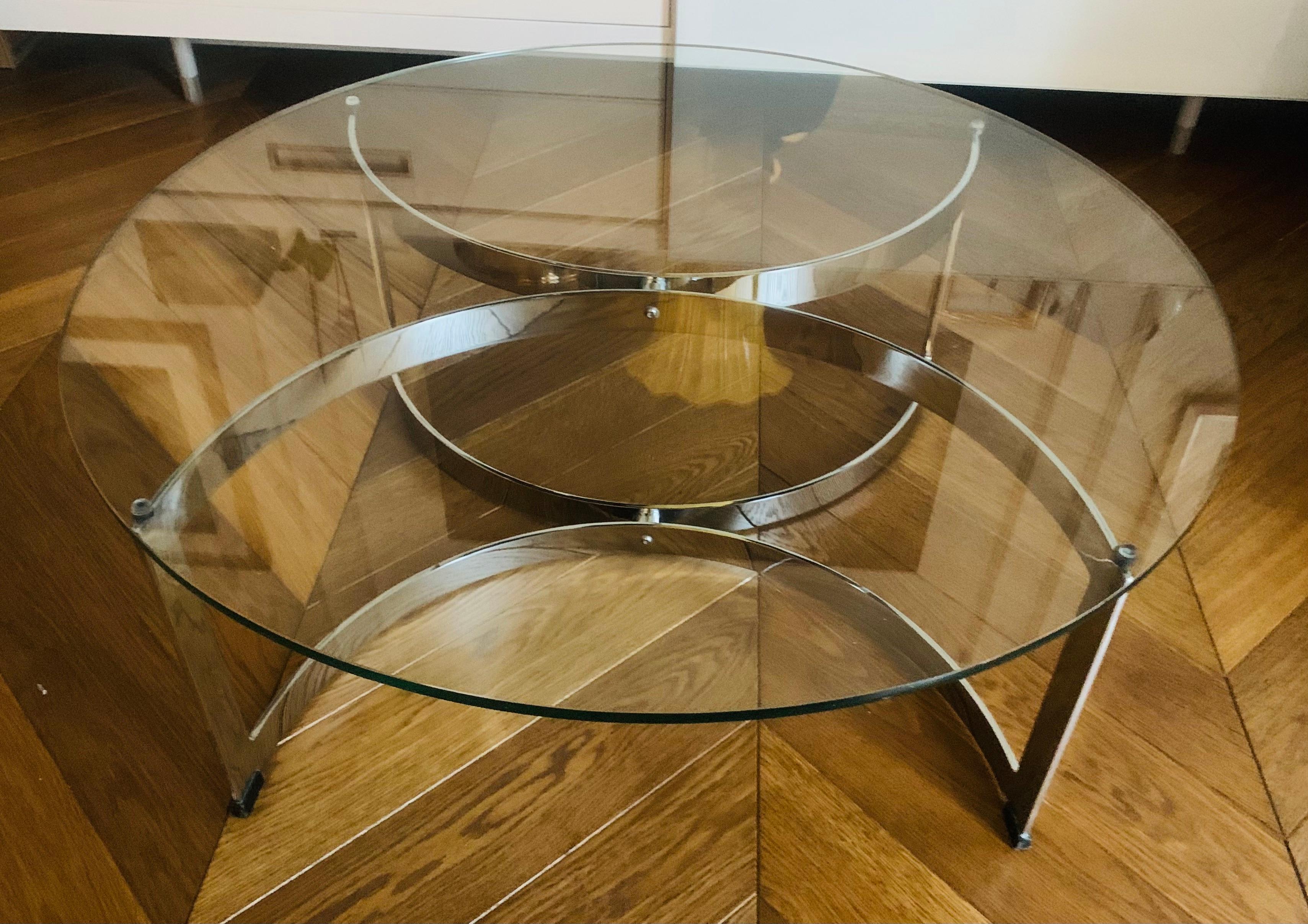 Polished 1970s British Made Merrow Associates Round Glass & Chromed Metal Coffee Table