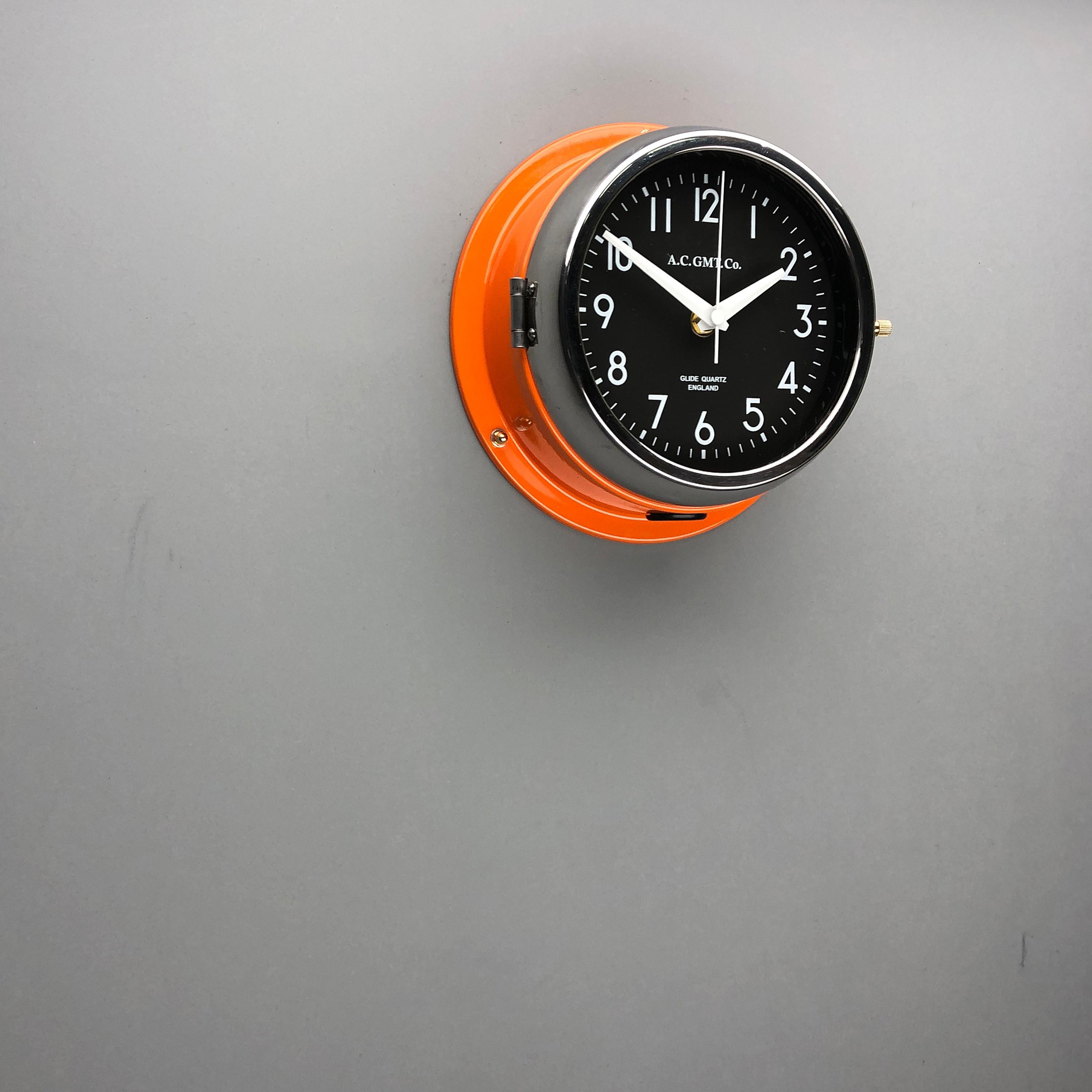 1970s British Orange & Chrome AC GMT Co. Industrial Wall Clock Black Dial 5