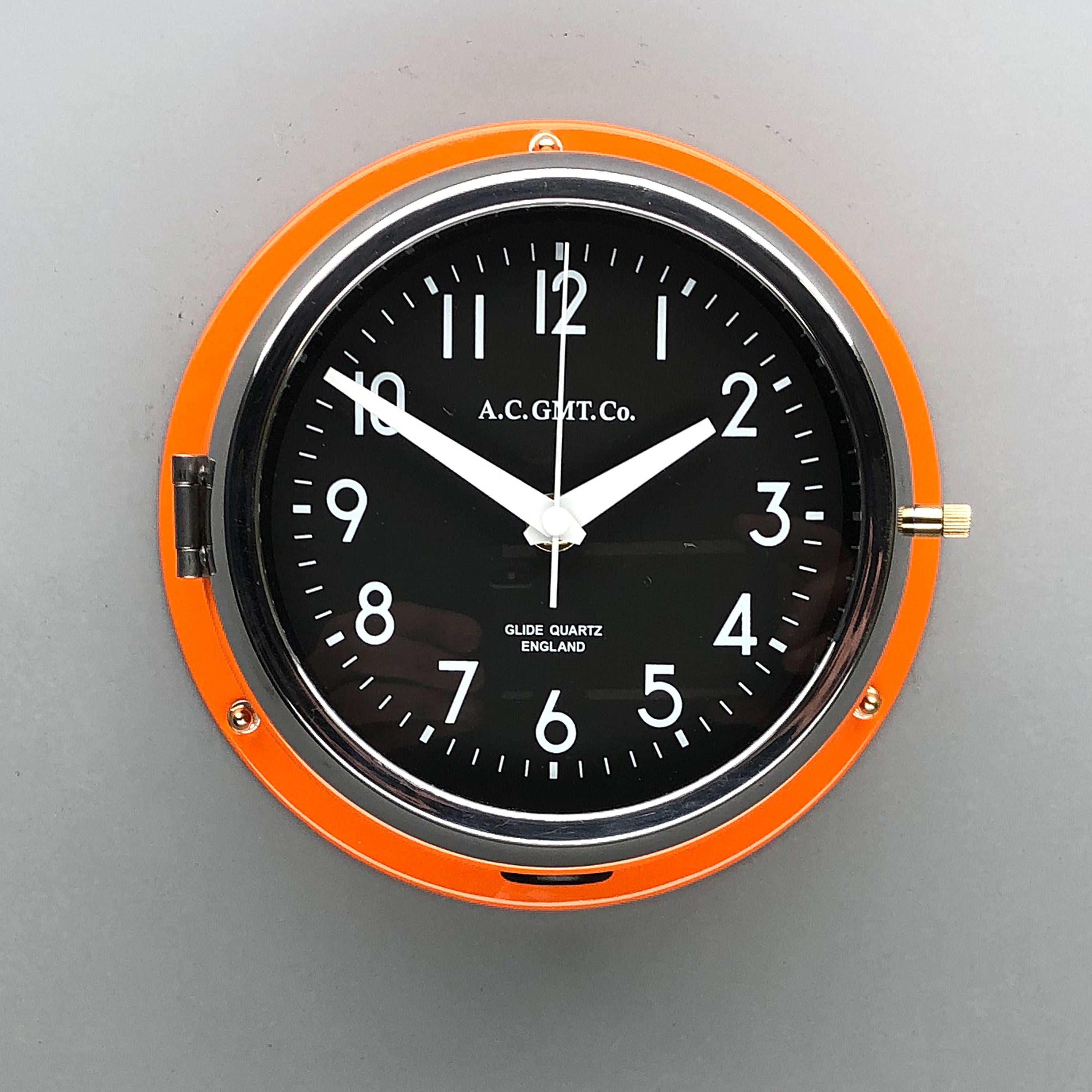 1970s British Orange & Chrome AC GMT Co. Industrial Wall Clock Black Dial 7