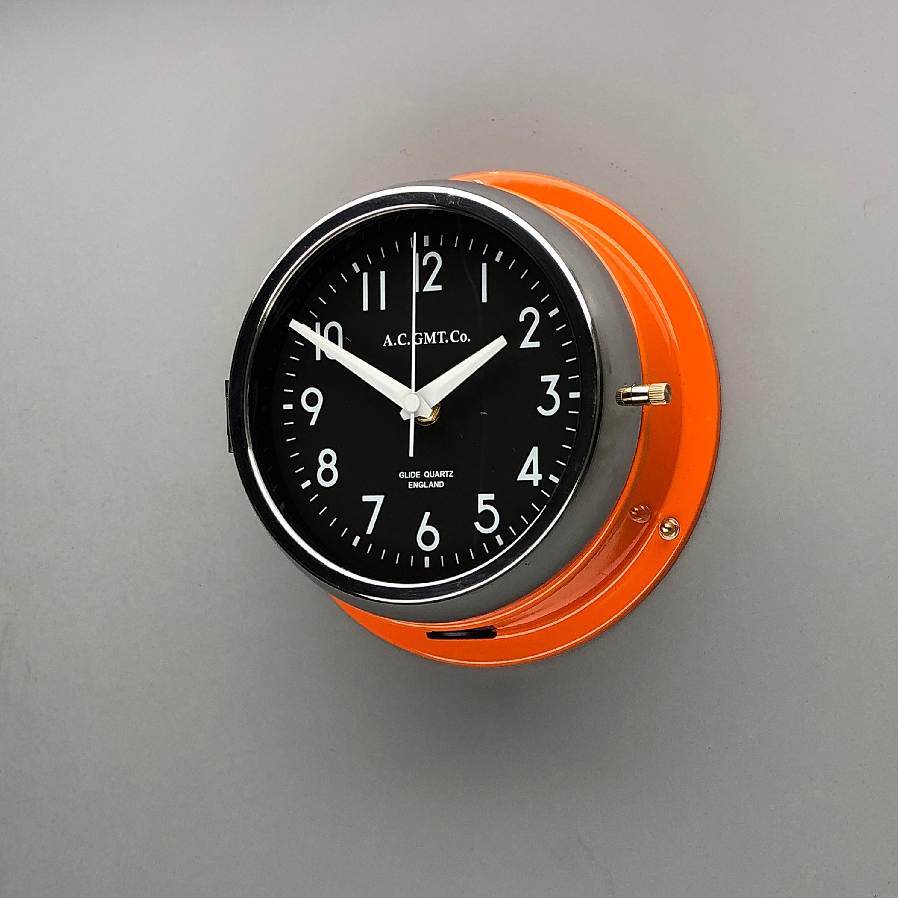 1970s British Orange & Chrome AC GMT Co. Industrial Wall Clock Black Dial 8