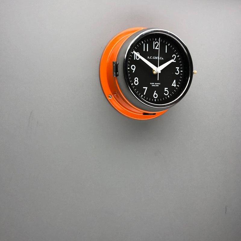 1970s British Orange & Chrome AC GMT Co. Industrial Wall Clock Black Dial For Sale 7