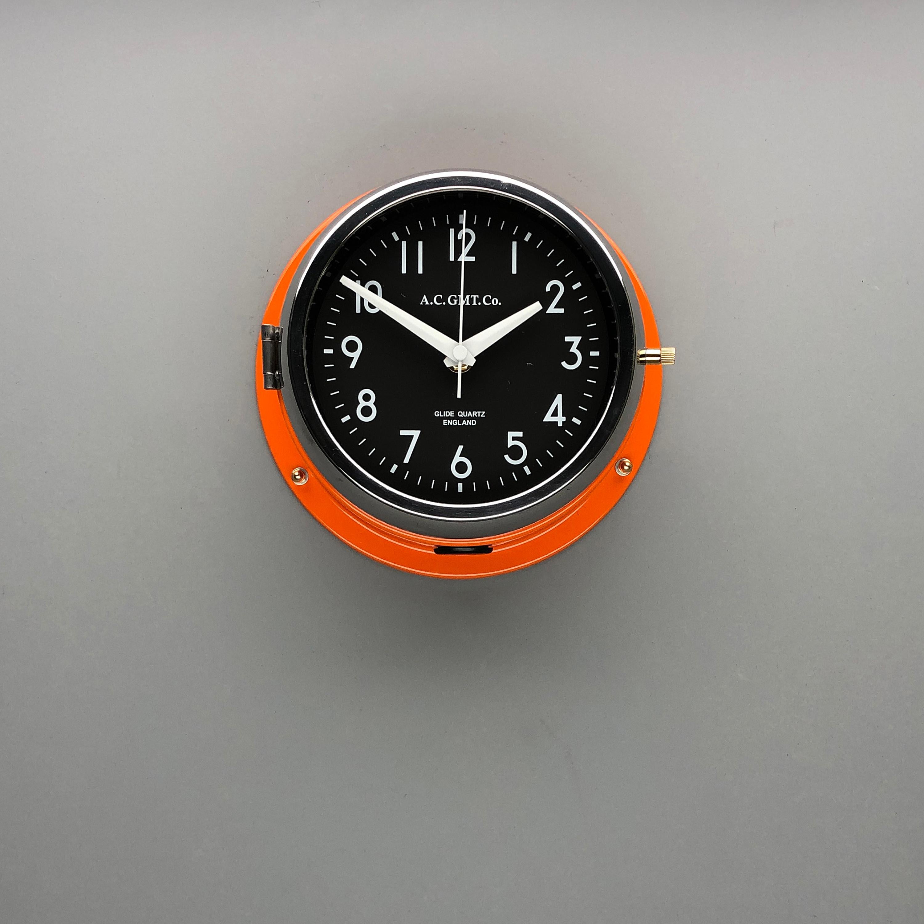 English 1970s British Orange & Chrome AC GMT Co. Industrial Wall Clock Black Dial
