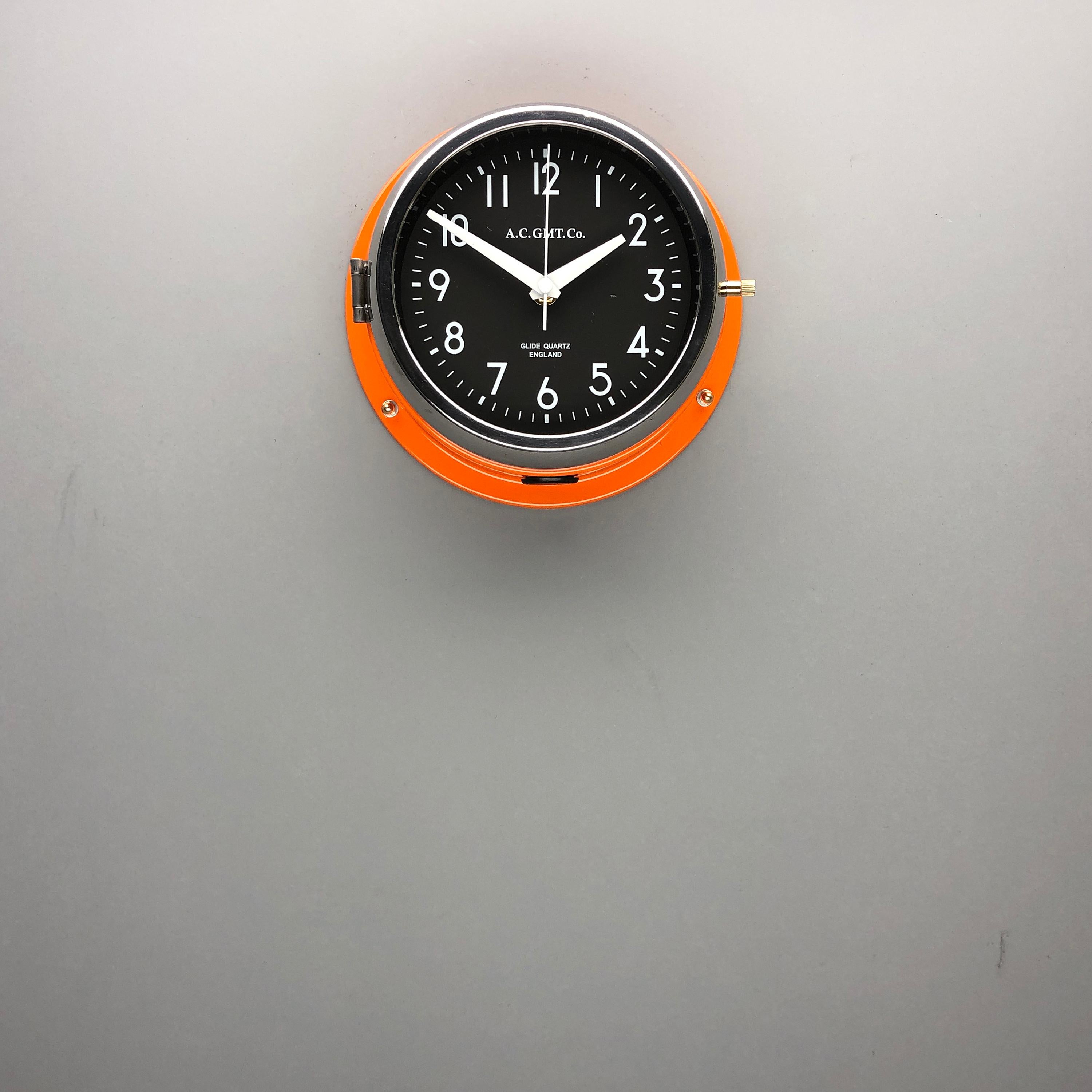 Glazed 1970s British Orange & Chrome AC GMT Co. Industrial Wall Clock Black Dial