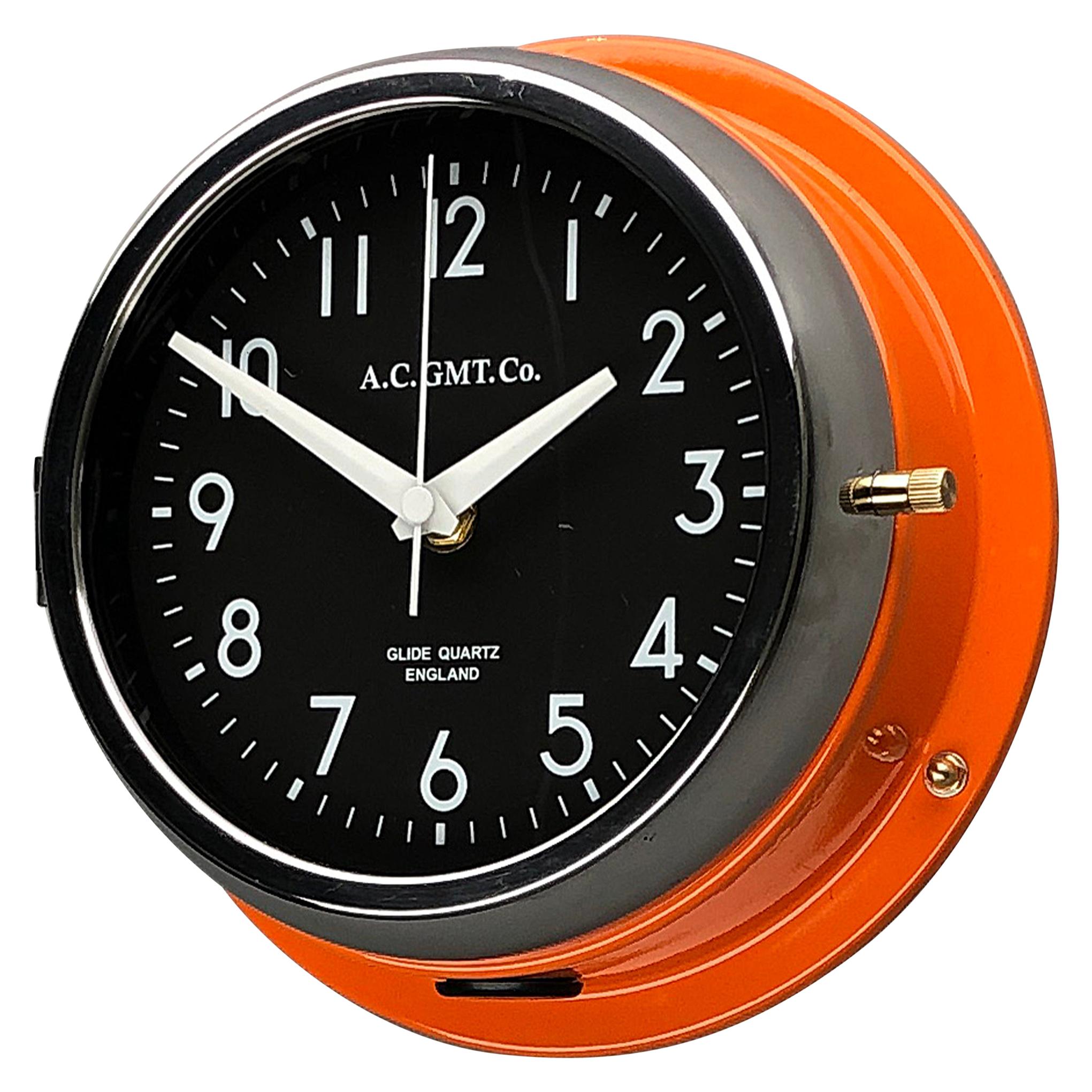 1970s British Orange & Chrome AC GMT Co. Industrial Wall Clock Black Dial