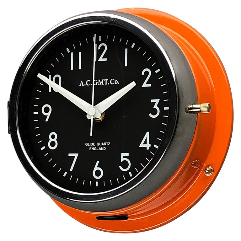 1970s British Orange And Chrome Ac Gmt Co Industrial Wall Clock Black Dial For Sale At 1stdibs