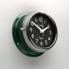 1970s British Racing Green AC.GMT.Co. Industrial Wall Clock Chrome Bezel