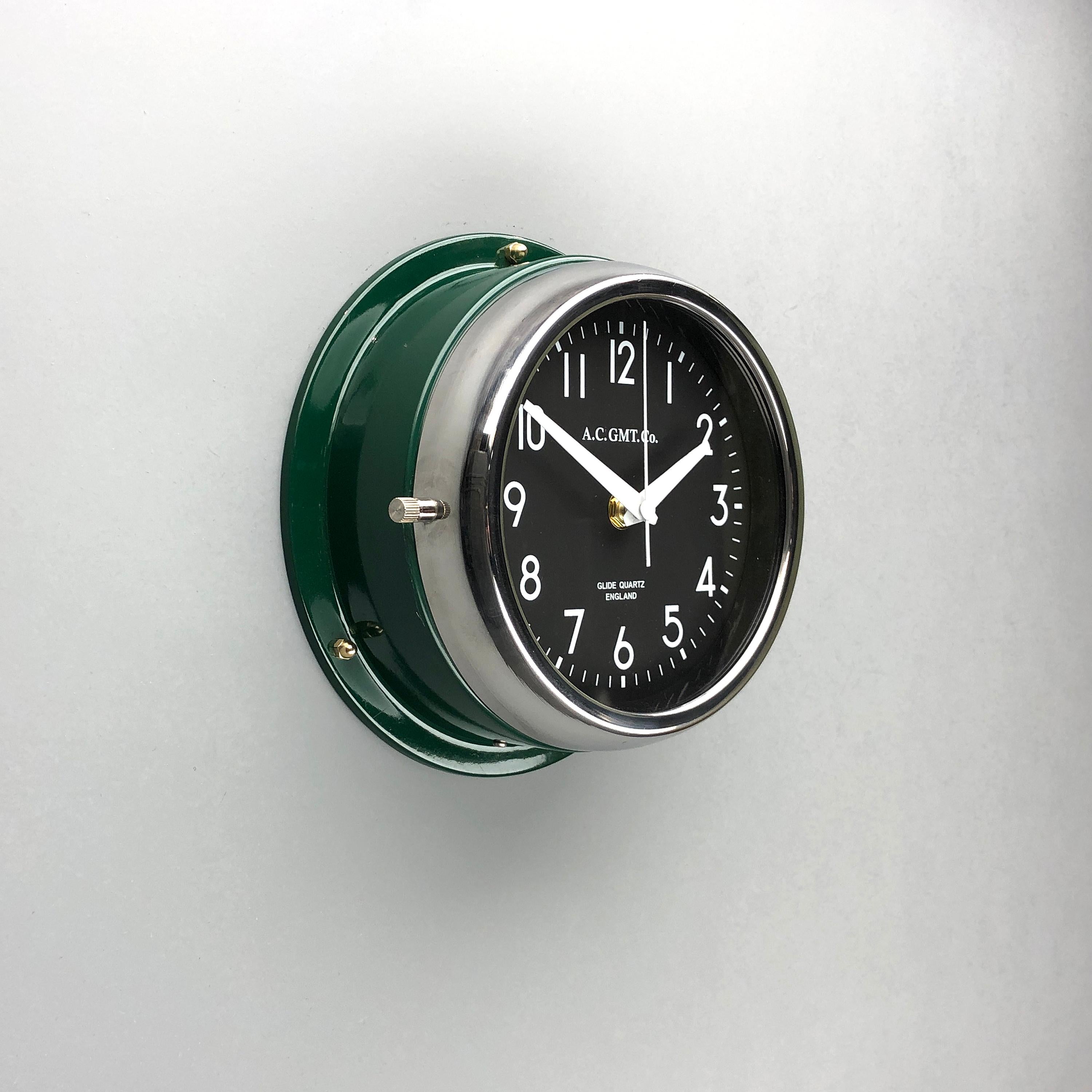 English 1970s British Racing Green AC.GMT.Co. Industrial Wall Clock Chrome Bezel 