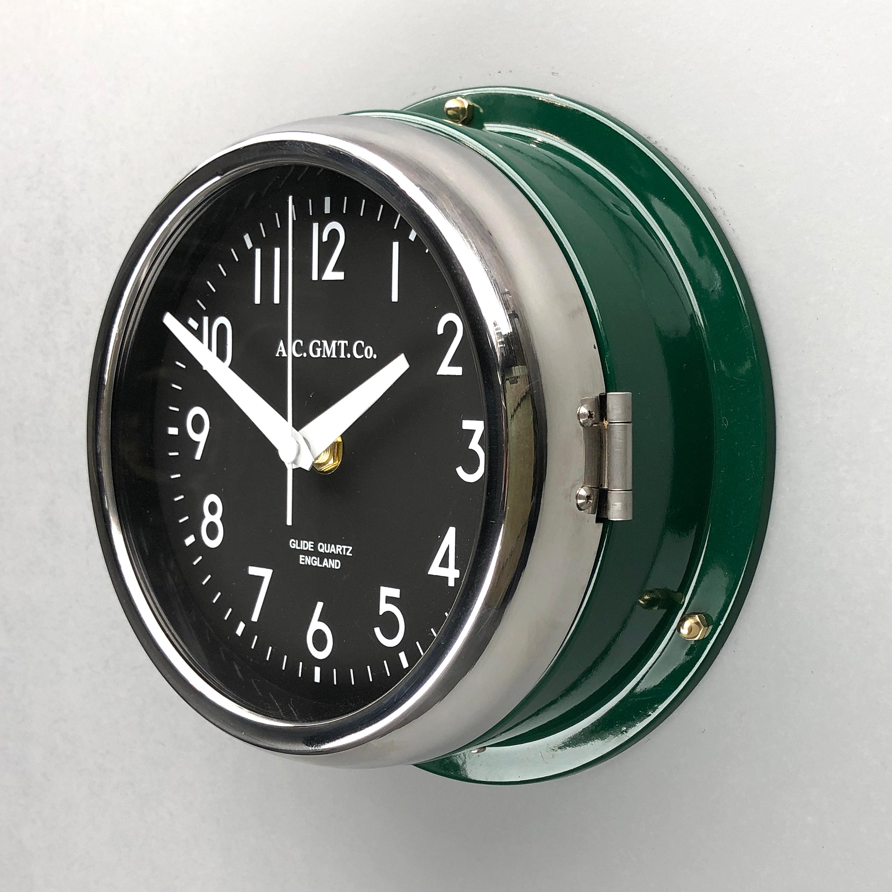 English 1970s British Racing Green AC.GMT.CO. Industrial Wall Clock Chrome Bezel  For Sale