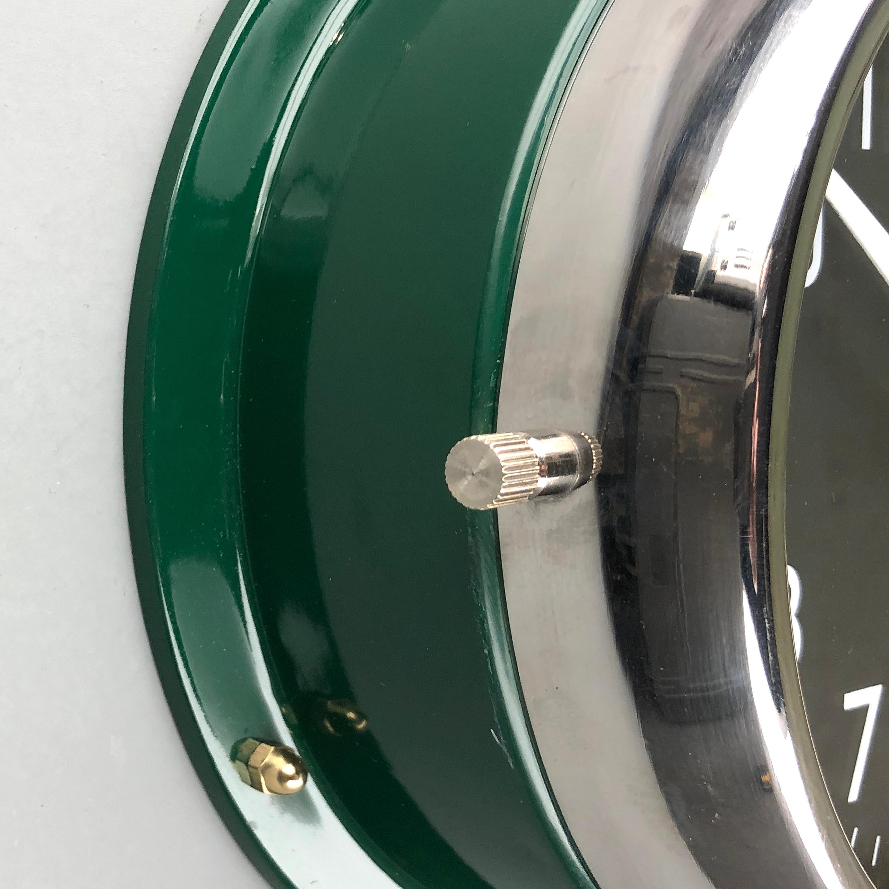 1970s British Racing Green AC.GMT.Co. Industrial Wall Clock Chrome Bezel  In Excellent Condition In Leicester, Leicestershire