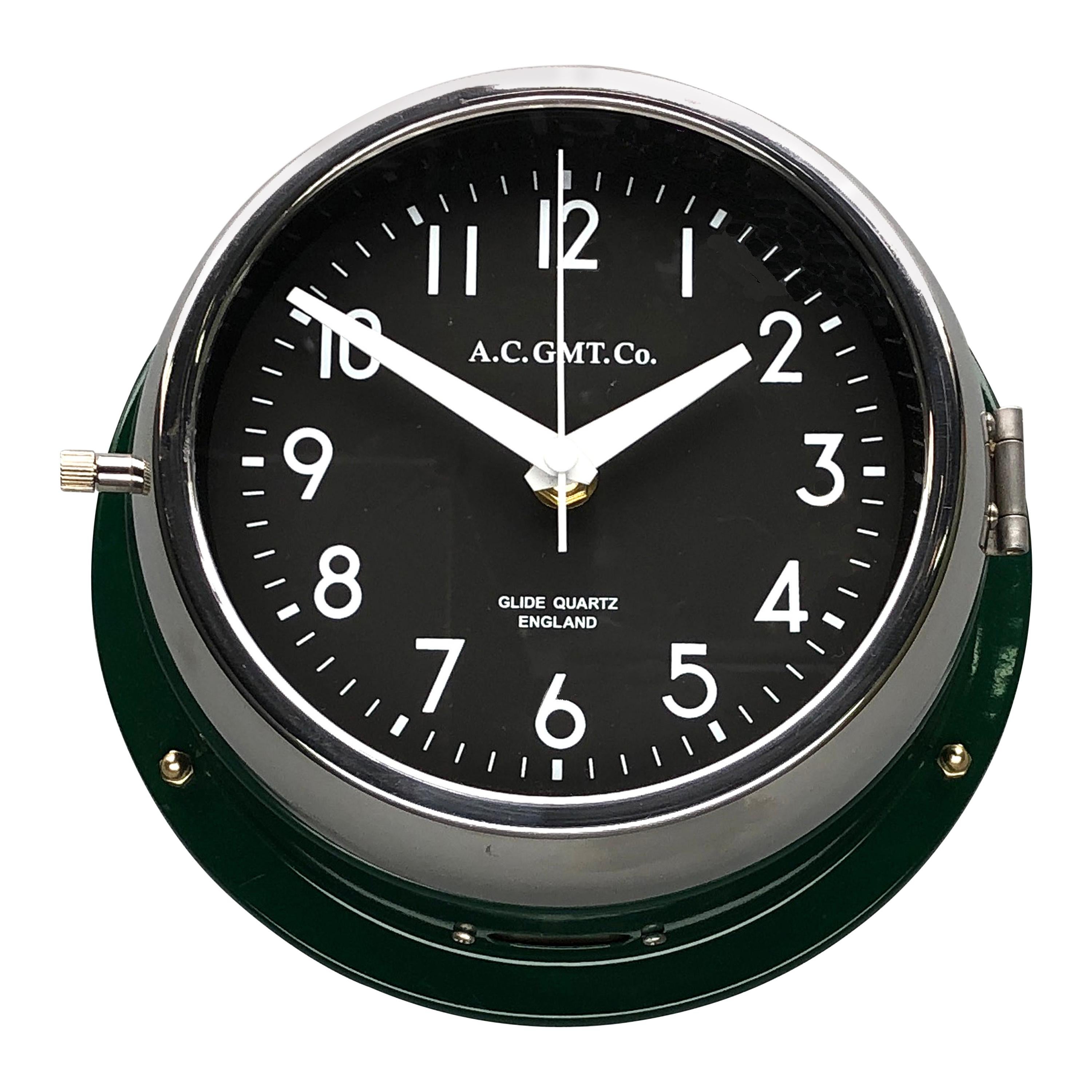 1970s British Racing Green AC.GMT.Co. Industrial Wall Clock Chrome Bezel 