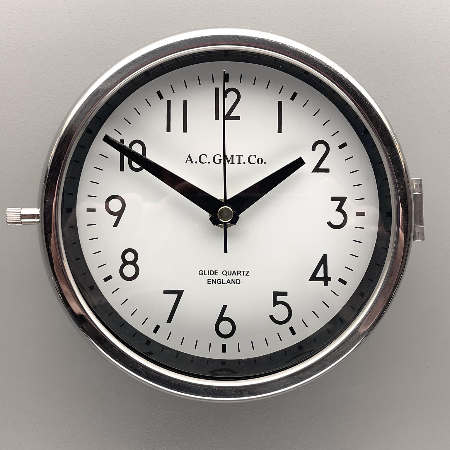 Industrial 1970's British Ultimate Gray /Monochrome AC GMT Co. Classic Quartz Wall Clock For Sale