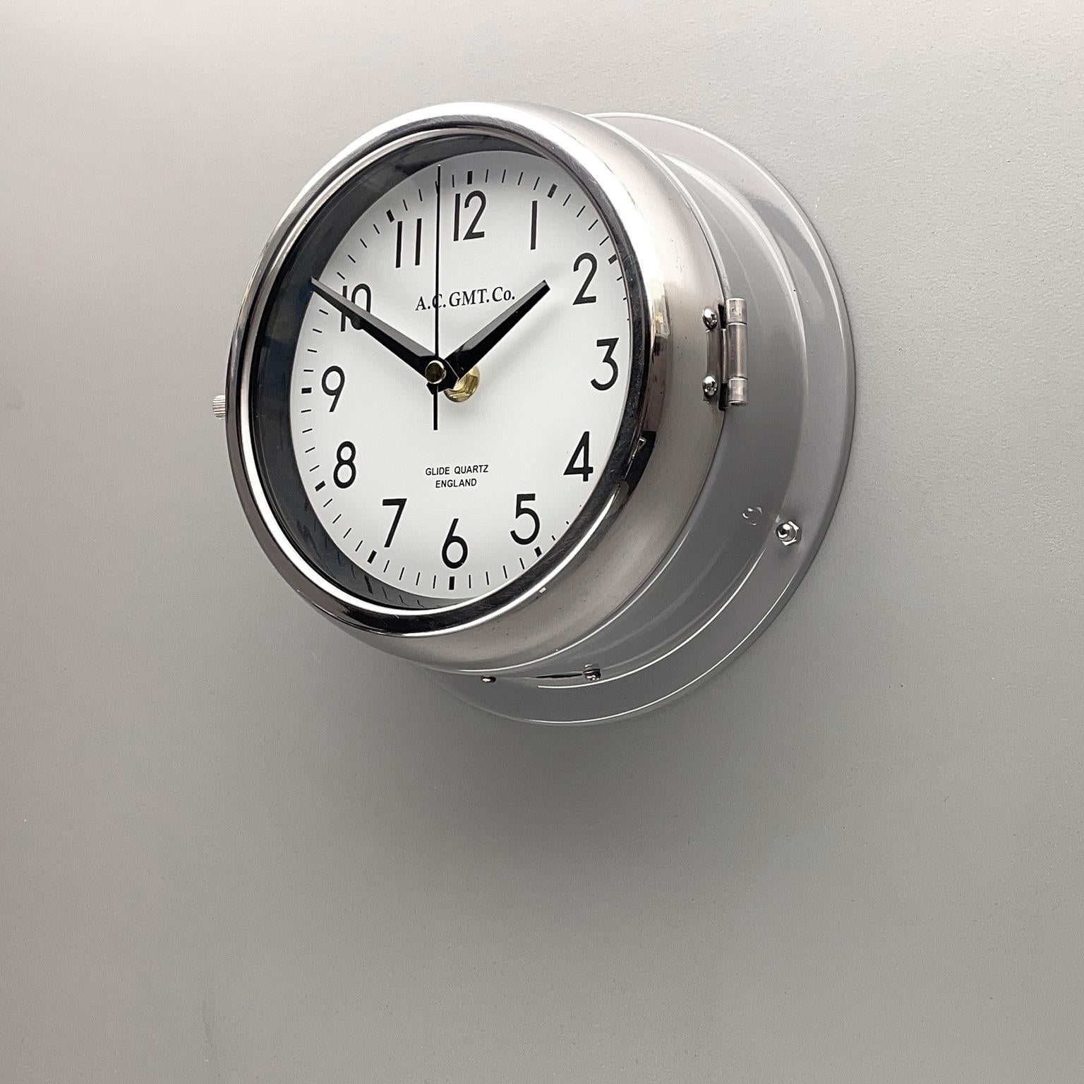 English 1970's British Ultimate Gray /Monochrome AC GMT Co. Classic Quartz Wall Clock For Sale