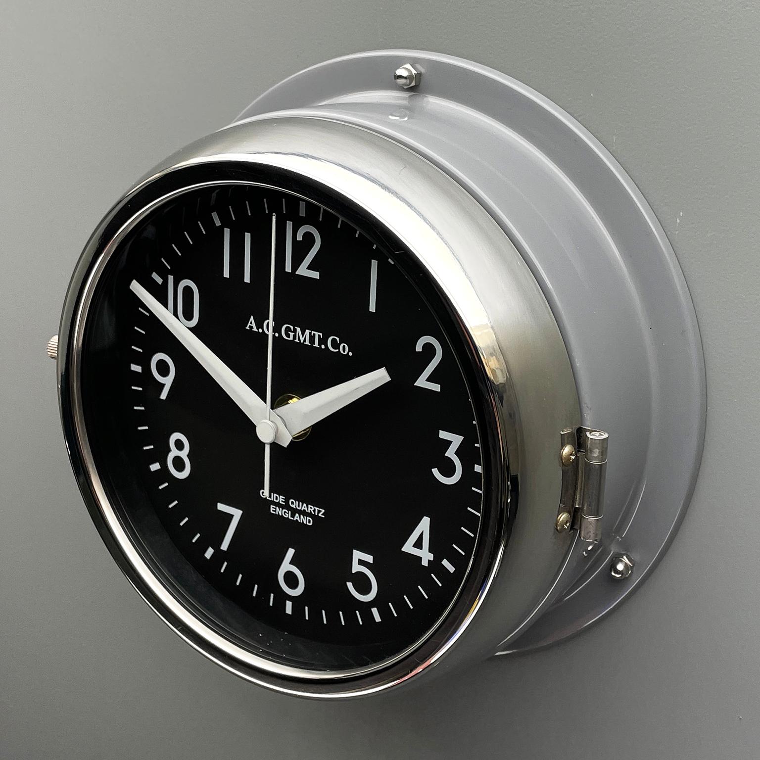 1970's British Ultimate Gray /Monochrome Black AC GMT Co. Classic Wall Clock For Sale 6