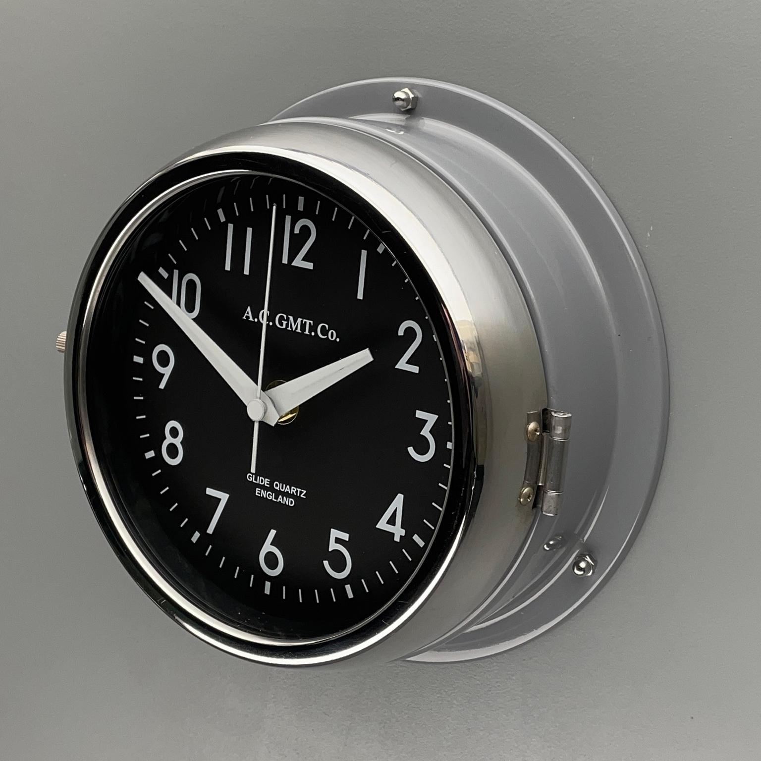 1970's British Ultimate Gray /Monochrome Black AC GMT Co. Classic Wall Clock For Sale 8