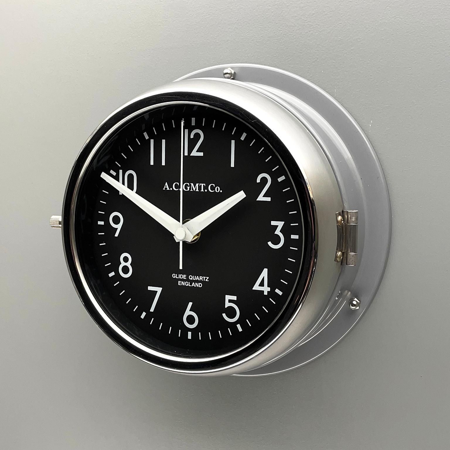 English 1970's British Ultimate Gray /Monochrome Black AC GMT Co. Classic Wall Clock
