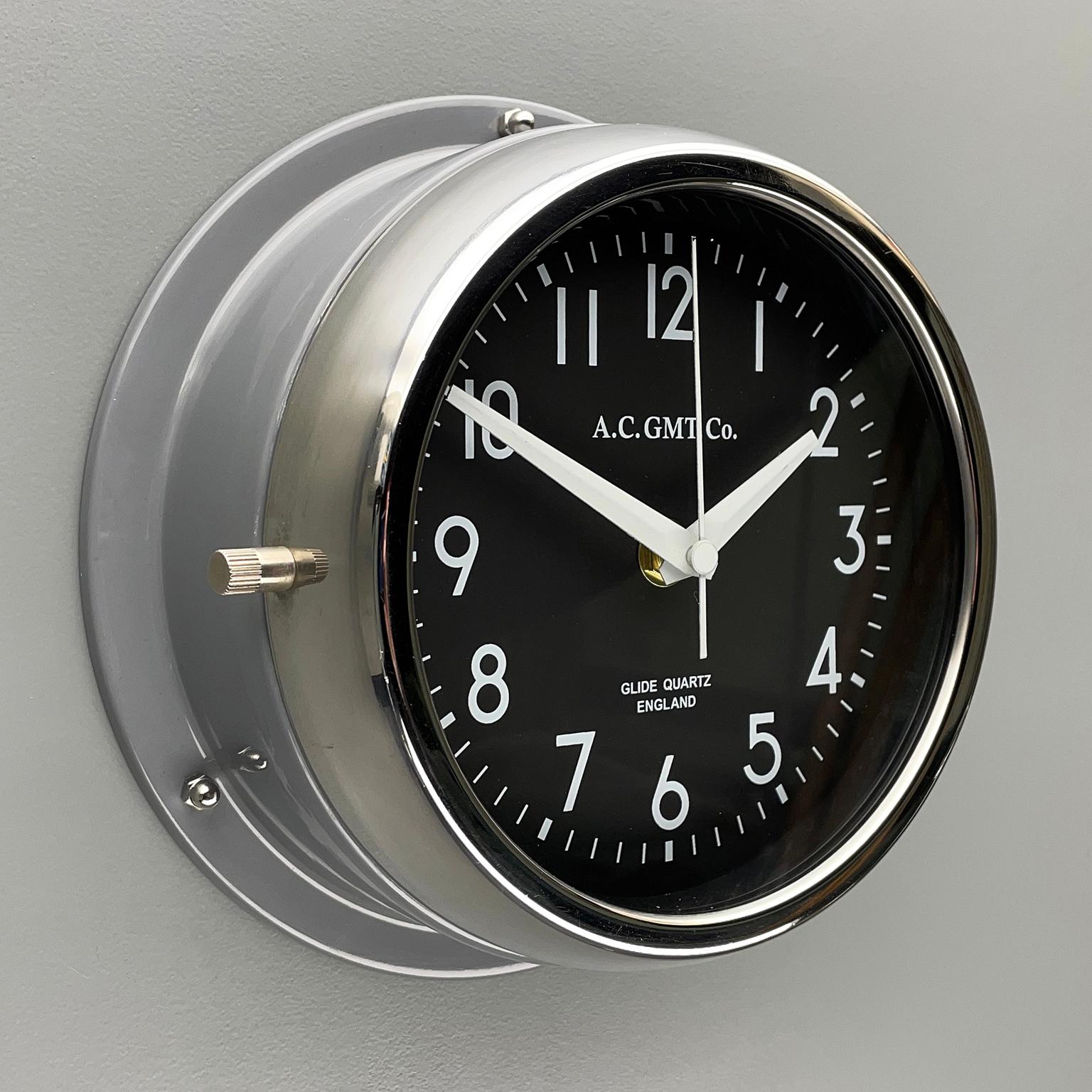 Industrial 1970's British Ultimate Gray /Monochrome Black AC GMT Co. Classic Wall Clock For Sale
