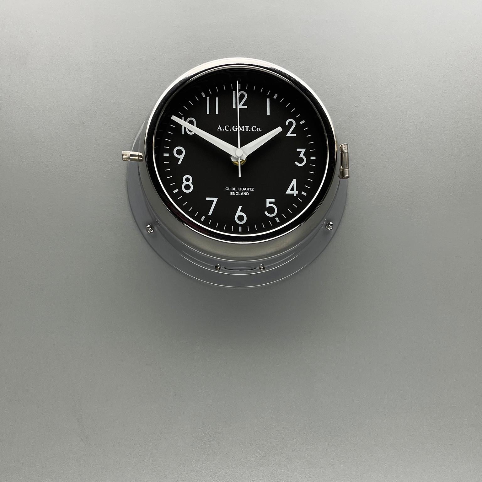 English 1970's British Ultimate Gray /Monochrome Black AC GMT Co. Classic Wall Clock For Sale