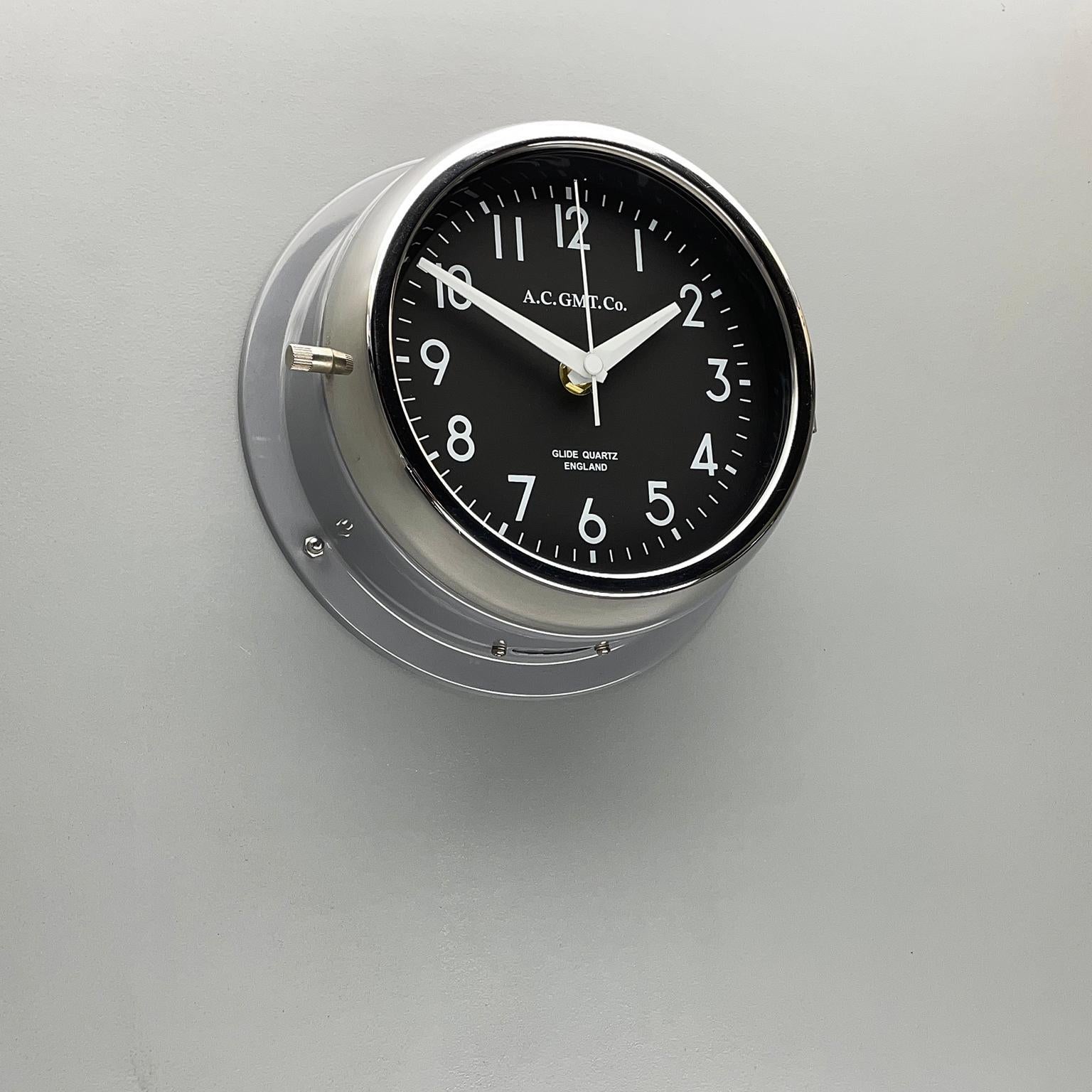 Glazed 1970's British Ultimate Gray /Monochrome Black AC GMT Co. Classic Wall Clock For Sale