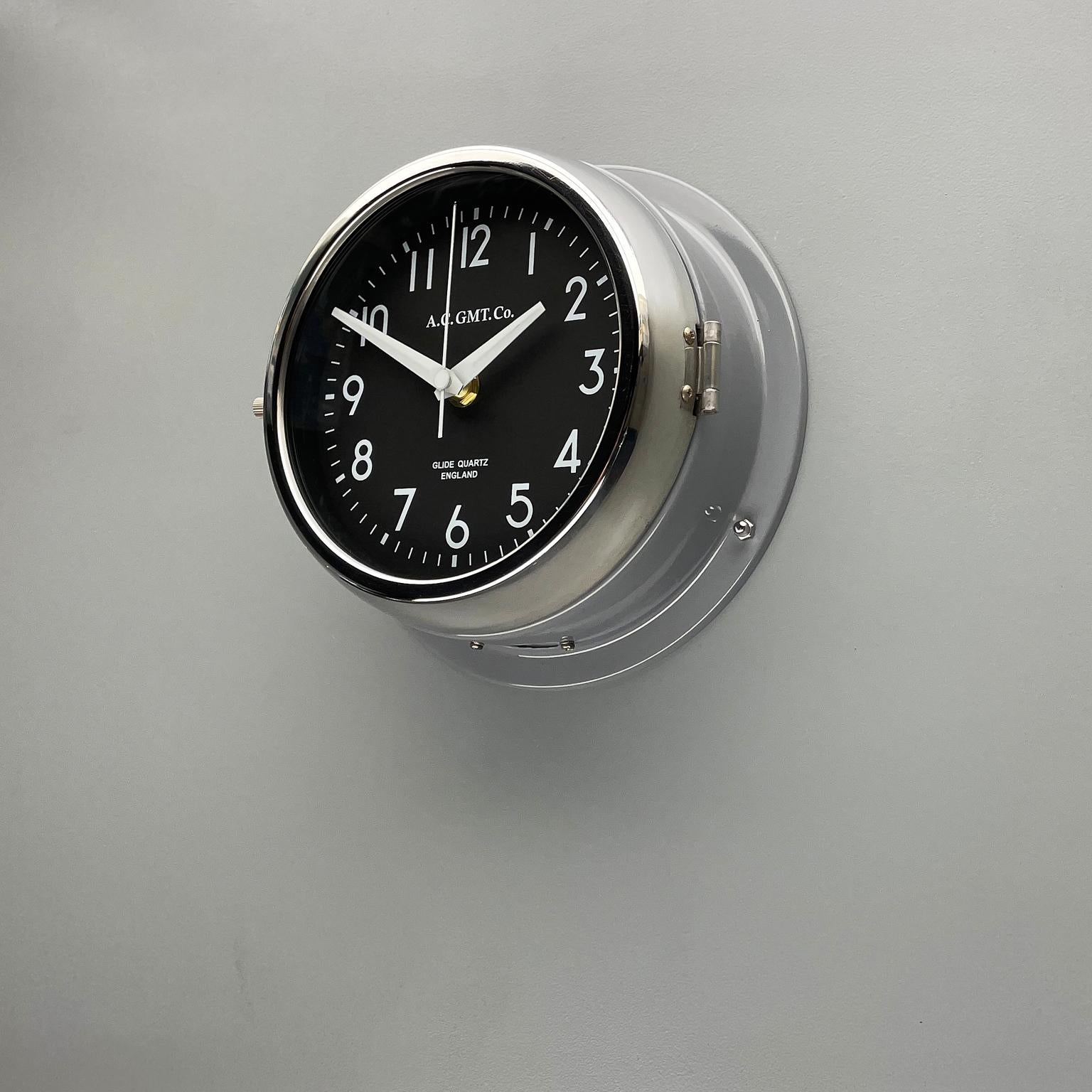 English 1970's British Ultimate Gray /Monochrome Black AC GMT Co. Classic Wall Clock For Sale