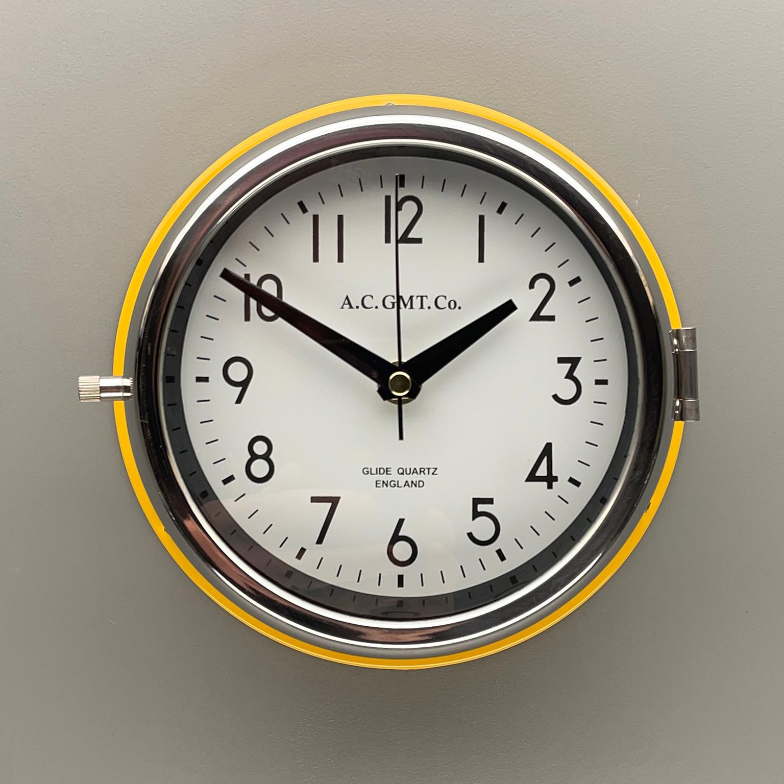 Quartz sweep seconds / non ticking wall clock finished in Yellow Pantone 13-0647 Illuminating.

Rescued from Industrial scrap yards and brought back to life in our UK workshop, our expert process allows us to create a high quality clock of luxury