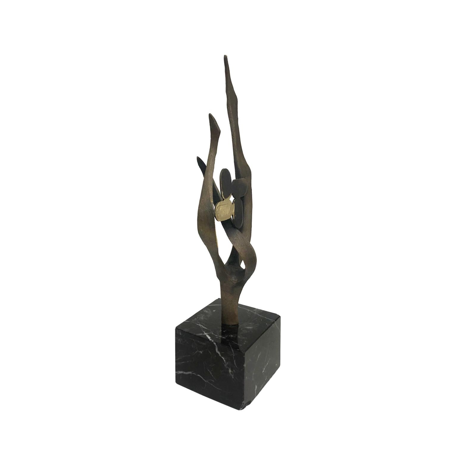 Bronze abstract flame sculpture on square black marble base, signed 