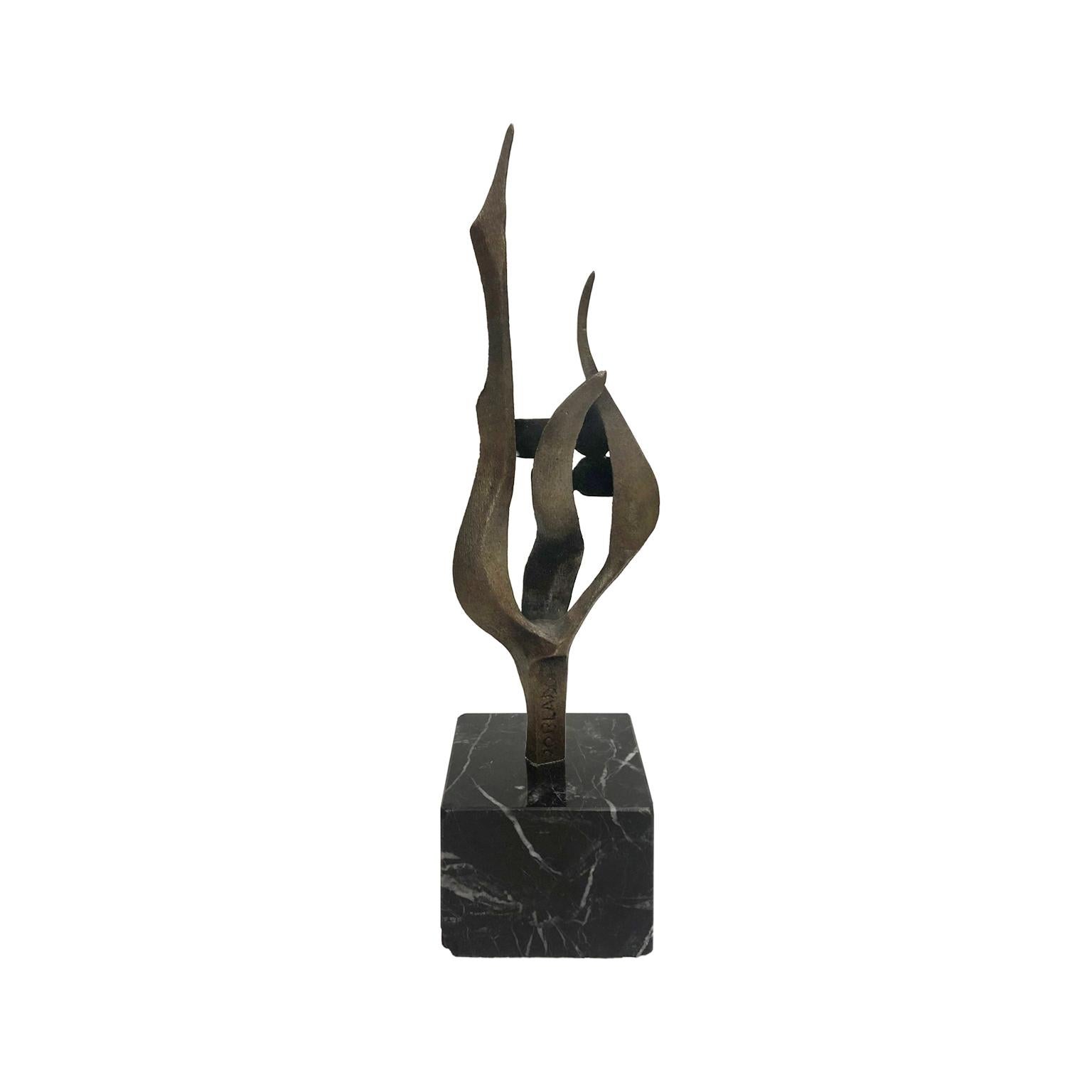 American 1970s Bronze Abstract Flame Sculpture on Square Black Marble Base For Sale