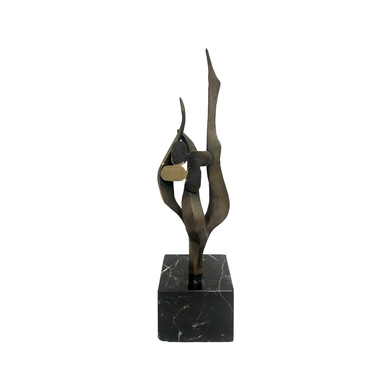 1970s Bronze Abstract Flame Sculpture on Square Black Marble Base For Sale