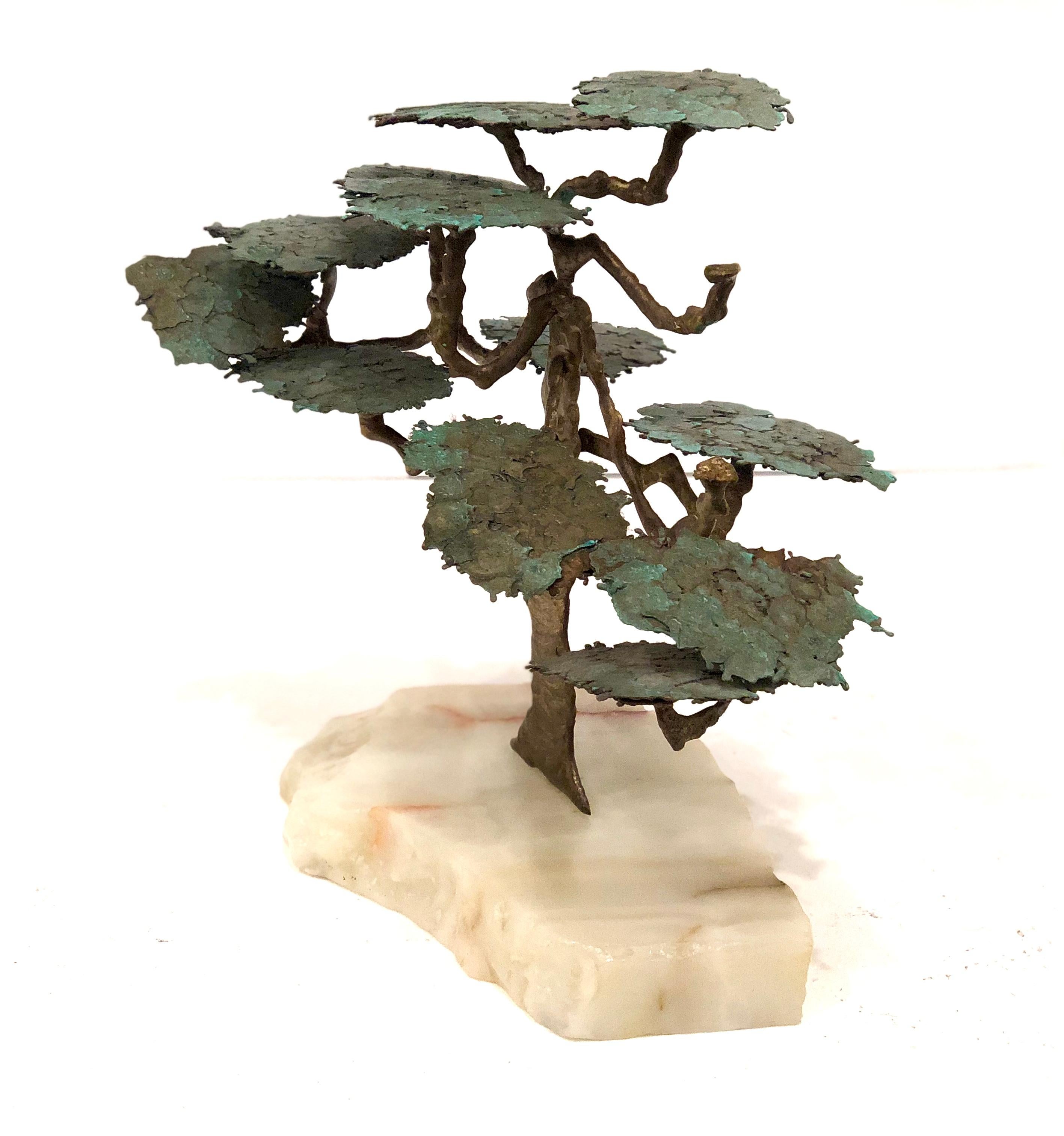 Beautiful abstract tree table sculpture, in patinated brass sitting on raw unpolished marble base, nice and heavy unsigned.