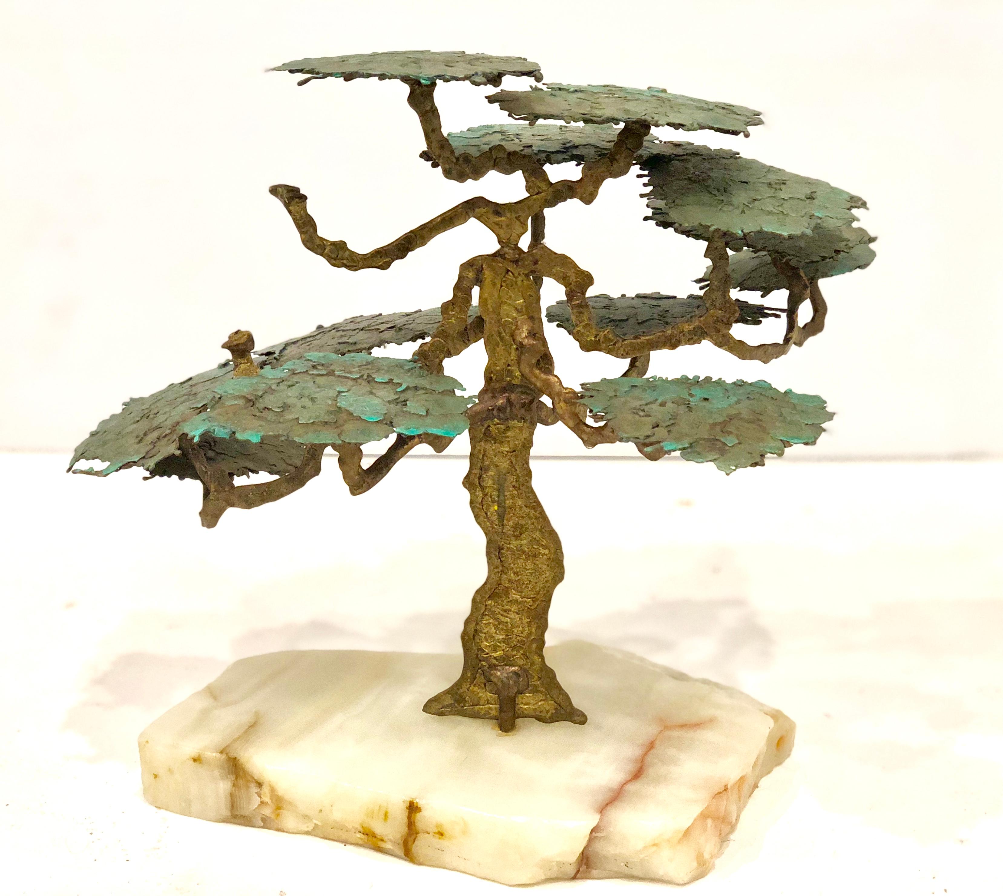 American 1970s Bronze Abstract Tree Brutalist Table Sculpture on Raw Marble Base