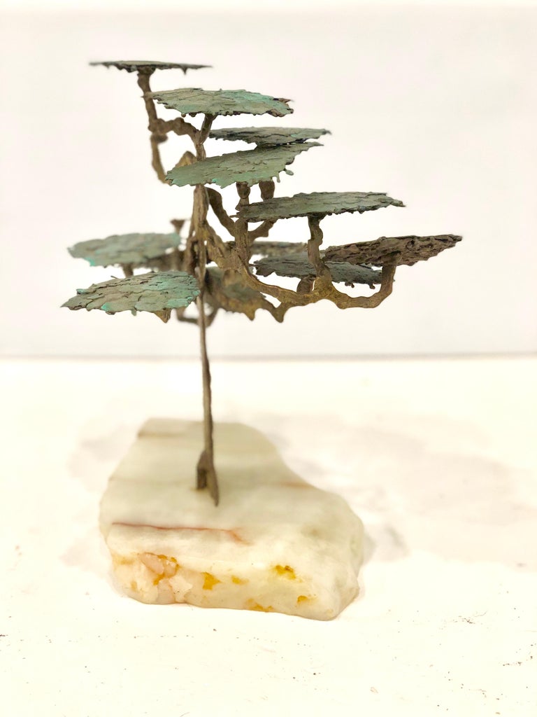 1970s Bronze Abstract Tree Brutalist Table Sculpture on Raw Marble Base ...