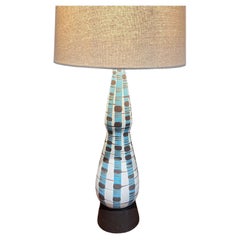 Vintage 1970s Bronze and Blue Ceramic Table Lamp Style Marcello Fantoni Italy